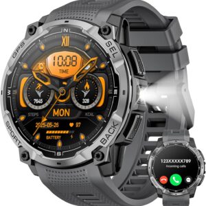 Military Smart Watch for Men with GPS, 1.43″ AMOLED Bluetooth Call, LED Flashlight, Rugged Tactical Watch for Android iOS, 3ATM Waterproof Fitness Tracker with Heart Rate Pedometer (Black)