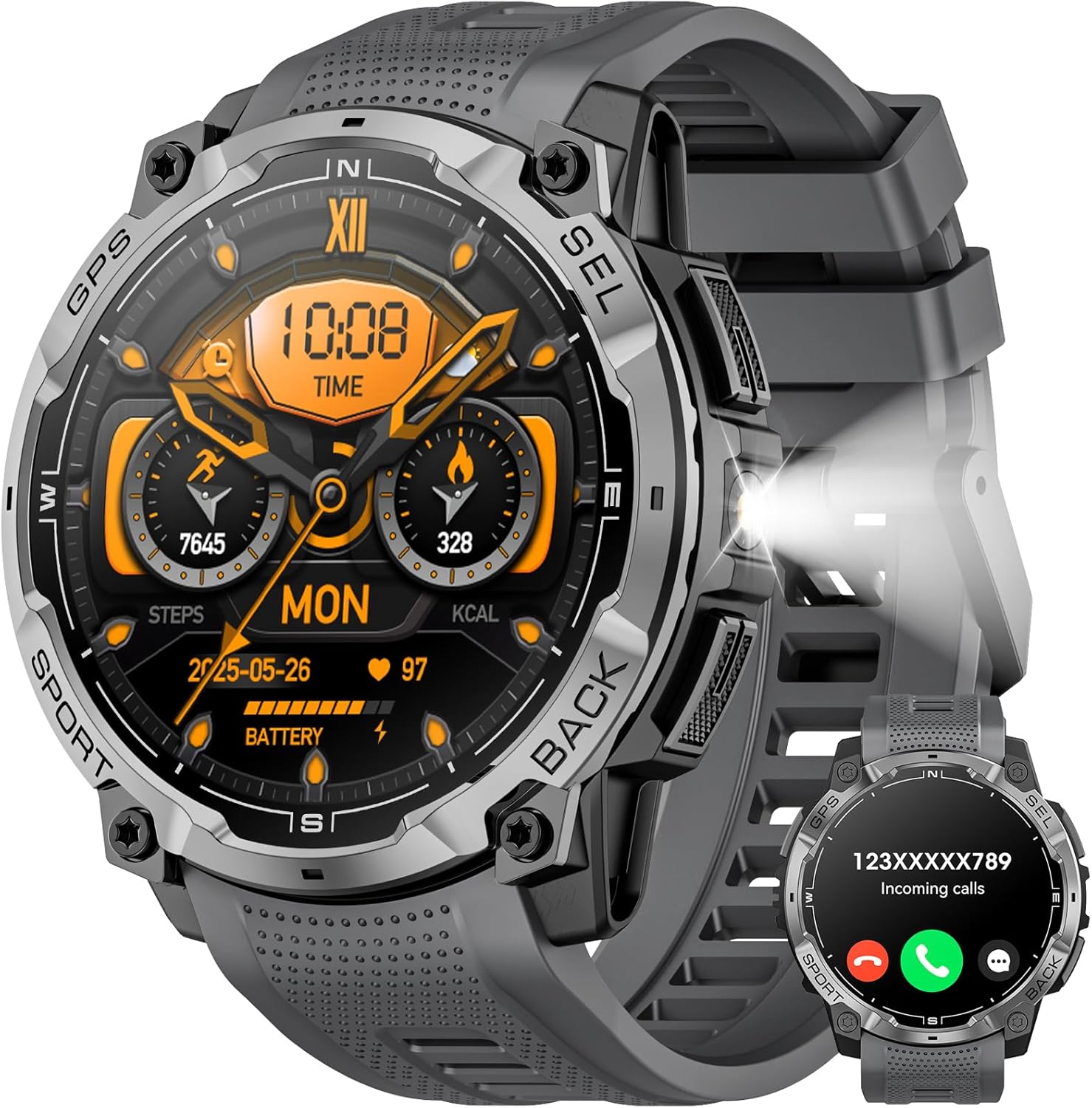 Military Smart Watch for Men with GPS, 1.43" AMOLED Bluetooth Call, LED Flashlight, Rugged Tactical Watch for Android iOS, 3ATM Waterproof Fitness Tracker with Heart Rate Pedometer (Black)