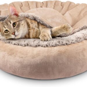 JOEJOY Small Dog Cat Bed With Hooded Blanket, Cozy Cuddler Luxury Puppy Pet Donut Round Calming Anti-Anxiety Burrow Cave – Anti-Slip Bottom, Machine Washable, 23 Inch