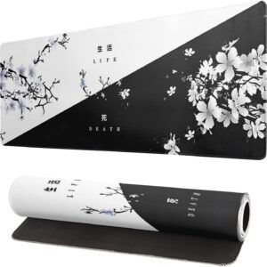 Black and White Japanese Cherry Blossom Gaming Mouse Pad Sakura Death Life Flower Mat 31.5×11.8 Inch Texture Non-Slip Rubber Base Mousepad Stitched Edges Keyboard Desk Pad for Office Home Game