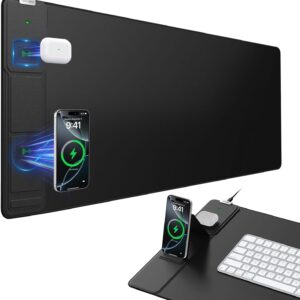Wireless Charging Mouse Pad with Foldable Phone Holder, 31.5″x15.8″ Large Desk Mat for Laptop/Keyboard, Waterproof Ultra-Smooth Surface, Non-Slip Base, Black
