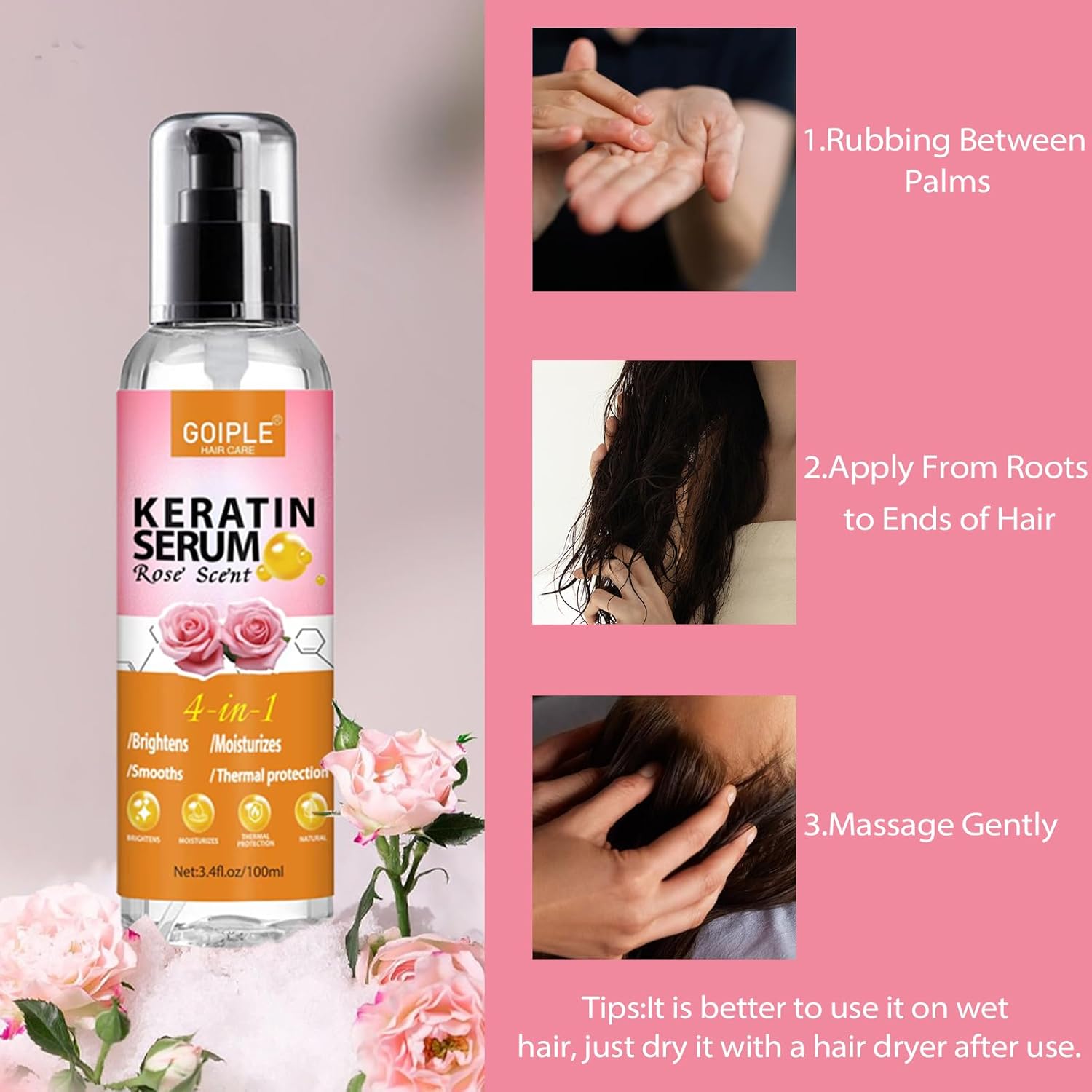 Keratin Protein Hair Serum Keratin Styling & Moisturizing Oil - Anti Frizz Control Nourishes & Repair Keratin Serum Oil for Dry Damaged Hair Heat Protectant Serum for Shine Prevent Hair Burns (Rose) - Image 7