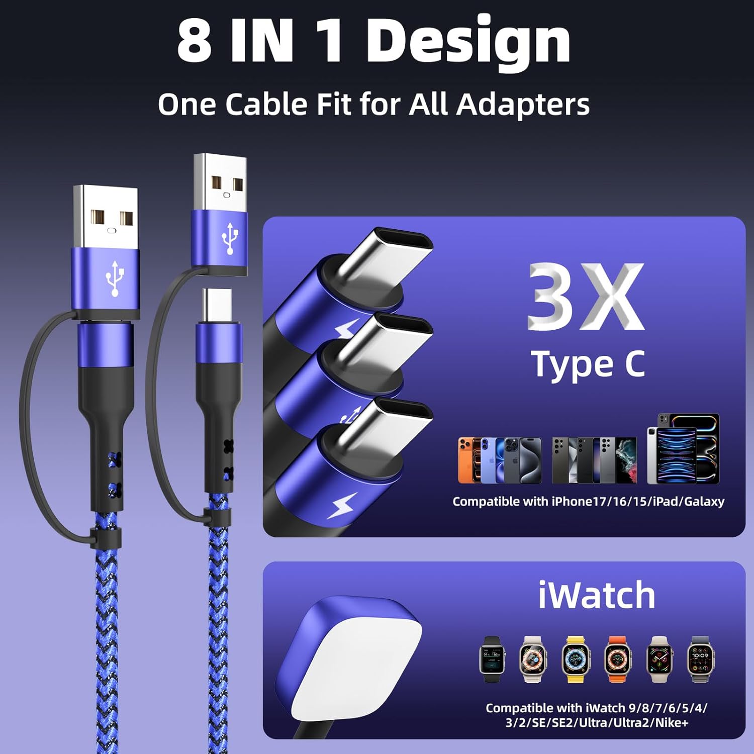 Cruise Travel Essentials 3 Type-C Ports 4 in 2 Multi Charging Cable for iWatch Charger/ iPhone17, USB C Splitter USBA/USBC Cable for iWatch Ultra/SE/11-2, iPhone17-15/S26/Car Charger, More, 5FT Blue - Image 5