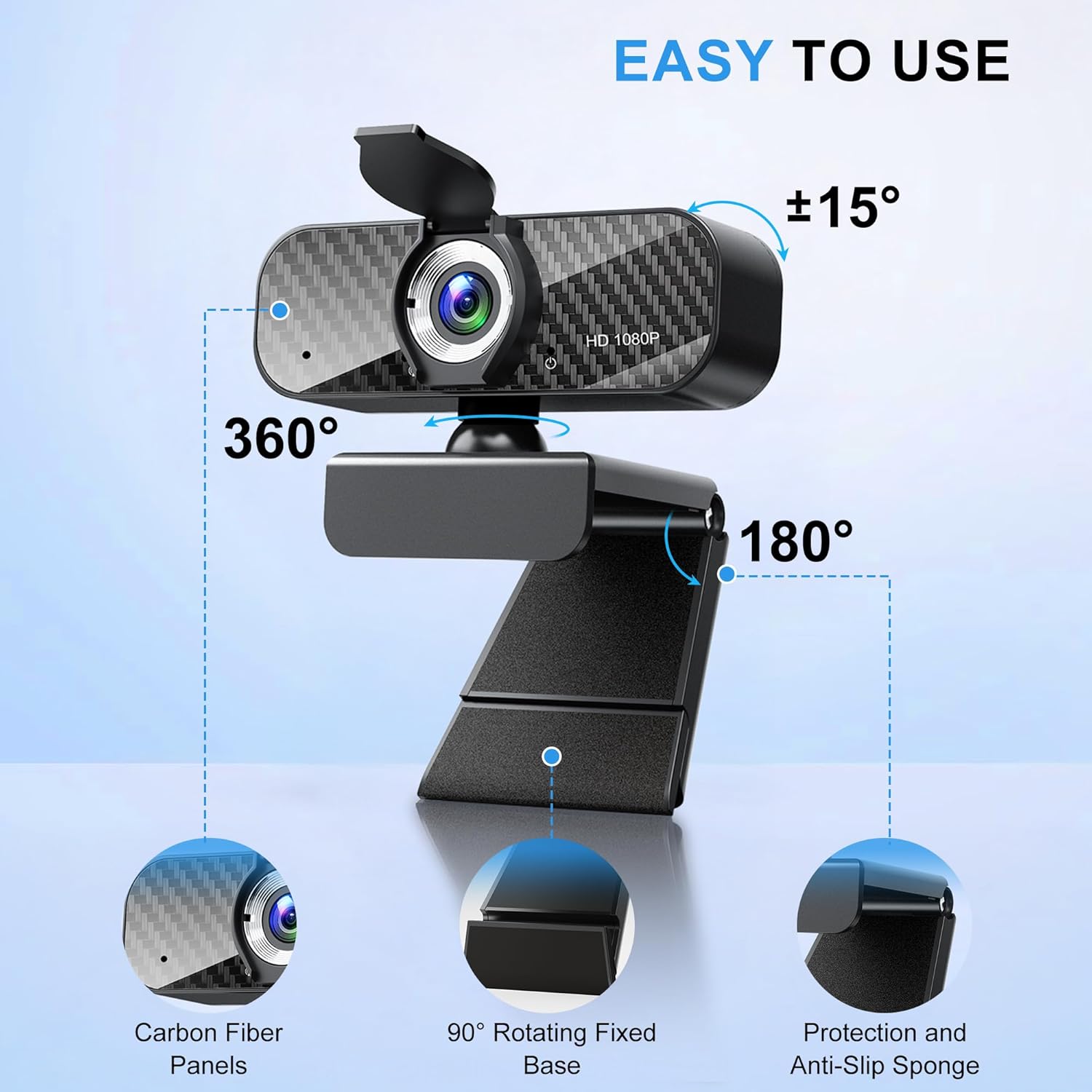 Webcam Full HD 1080P with Built-in Microphone and Rotatable Tripod, Carbon Fiber Board and Privacy Cover, Auto Light Correction, Adjustable FOV, Plug&Play for Zoom/Skype/Facetime/YouTube, Laptop/PC - Image 6