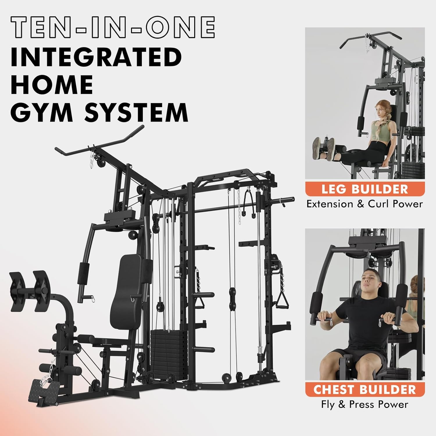 GMWD Dual-Station SmithΔ Machine Power Cage, All-in-One Home Gym Workout Station with 121LB Weight Stacks & Cable Crossover, Professional Functional Trainer for Couples & Family Strength Training - Image 5
