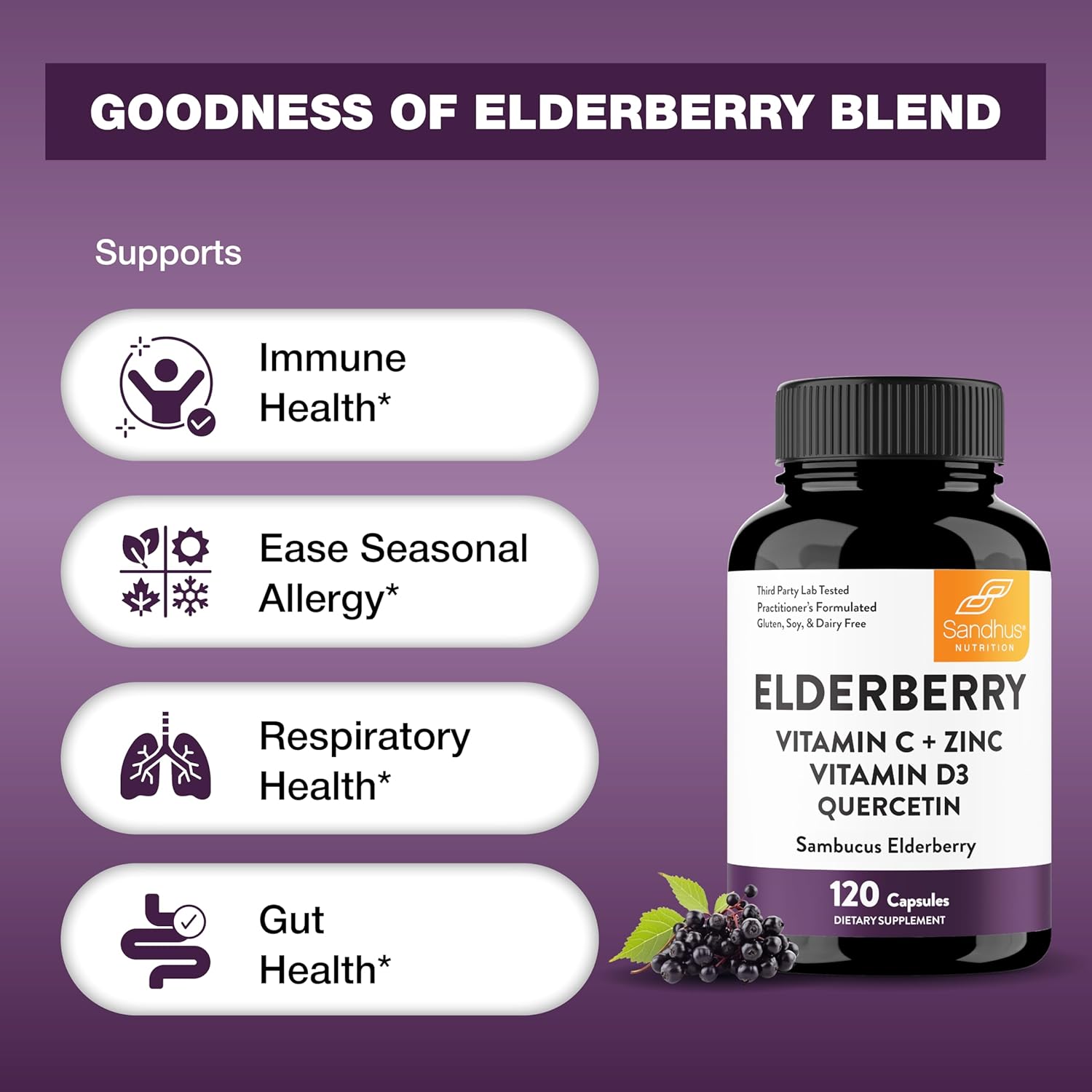 Elderberry Vitamin C and Zinc Capsules with D3 and Quercetin | 6-in-1 Immune Support Supplement Pills for Adults | 120 Count Sambucus Black Elderberry Natural Immunity Vitamins | Made in USA - Image 8