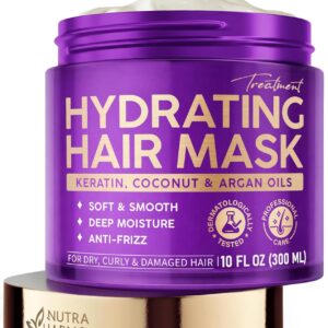 Hydrating Hair Mask – Deep Conditioning Treatment for Dry, Frizzy & Damaged Hair – Keratin Mask with Coconut & Argan Oils, Collagen & Wheat Protein – Smooths, Softens & Controls Frizz, Curl-Safe, 10oz