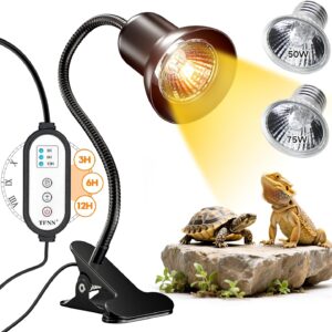 TFNN Reptile Heat Lamp, Heat Lamp with Clamp, UVA UVB Reptile Light with Intelligent Cycle Timer for Turtle, Bearded Dragon, Lizard and More, 2 Bulbs 50W+75W