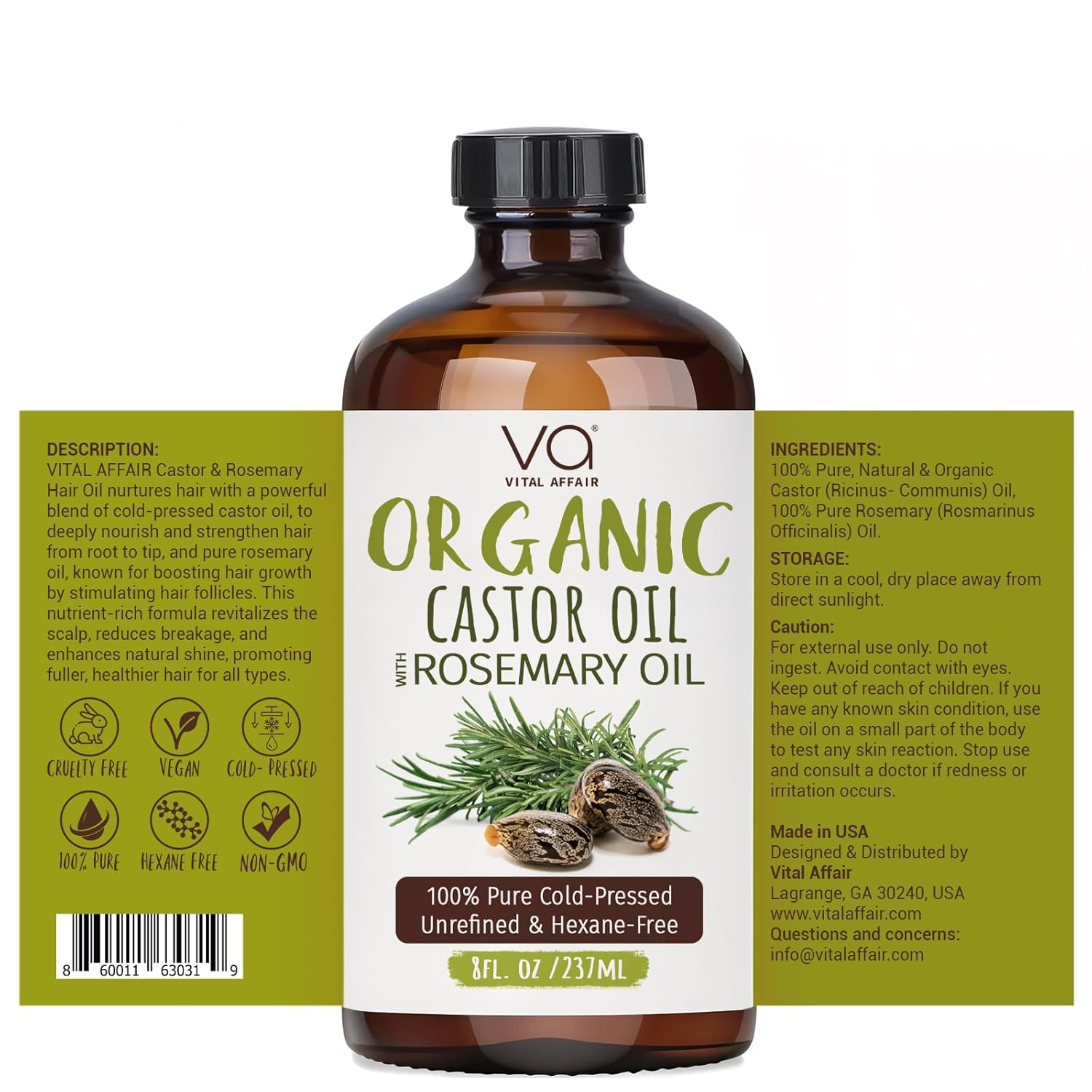 VITAL AFFAIR Organic Castor Oil With Rosemary Oil For Hair Growth - 100% Pure Rosemary Hair Oil With Pure Castor Oil Cold Pressed Unrefined Glass Bottle - Strengthening & Volumizing 8 Fl Oz - Image 7