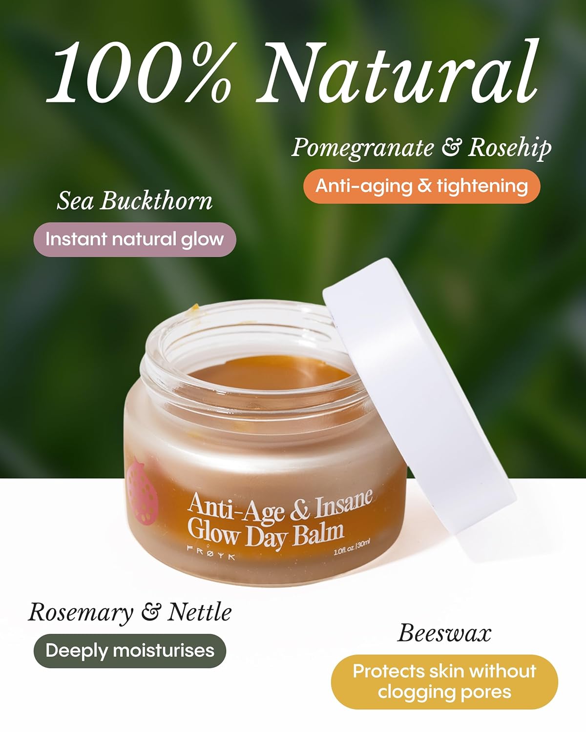 FRØYA Organics Anti-Age & Insane Glow Day Balm | Younger Skin and Instant Glow Results | Rosehip Pomegranate Sea Buckthorn Beeswax | Water Free Daily Moisture Balm | 30ml - Image 4