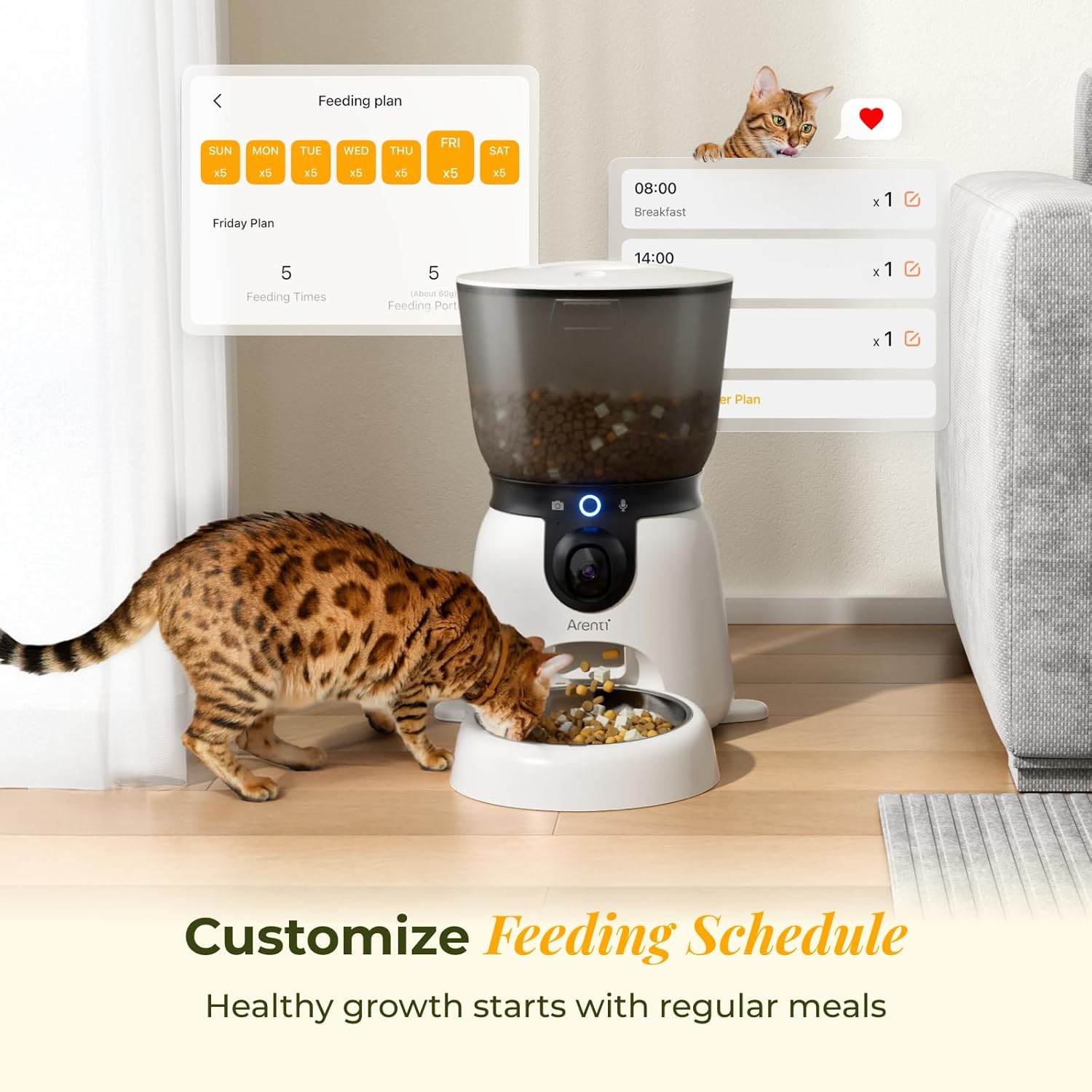 ARENTI Automatic Cat Feeder and Water Dispenser with Camera, 2K Adjustable View & Invisible Privacy Mode, 4.5L Cat Food Dispenser Fountain Combo, 5G/2.4G WiFi, 2-Way Audio, AI Alerts, Battery Backup - Image 2