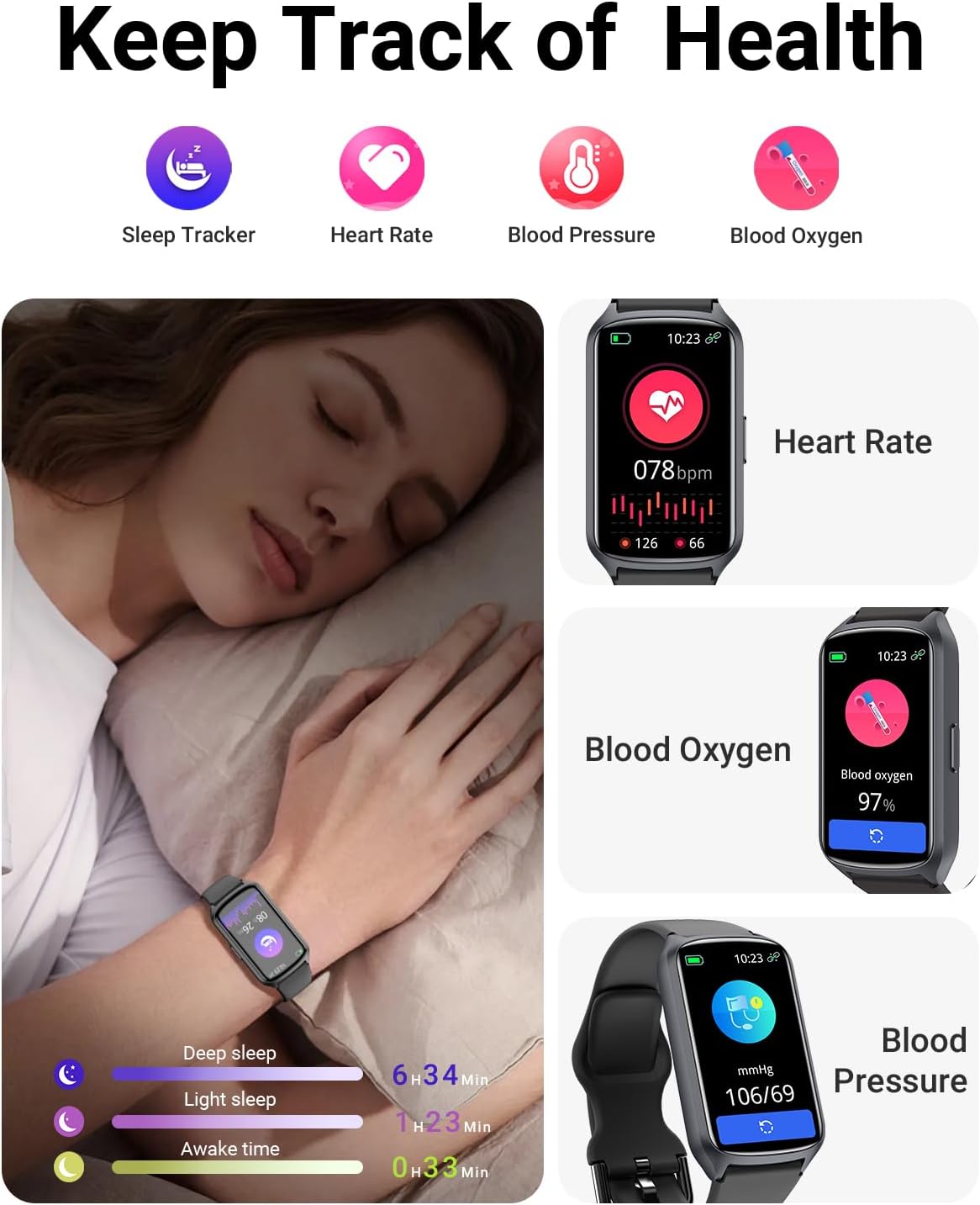 Amzhero Health Fitness Tracker with 24/7 Heart Rate, Blood Oxygen, Blood Pressure, Sleep Tracker, 5ATM Waterproof Activity Trackers with Step Tracker, Pedometer (S & L Bands Included) - Image 4