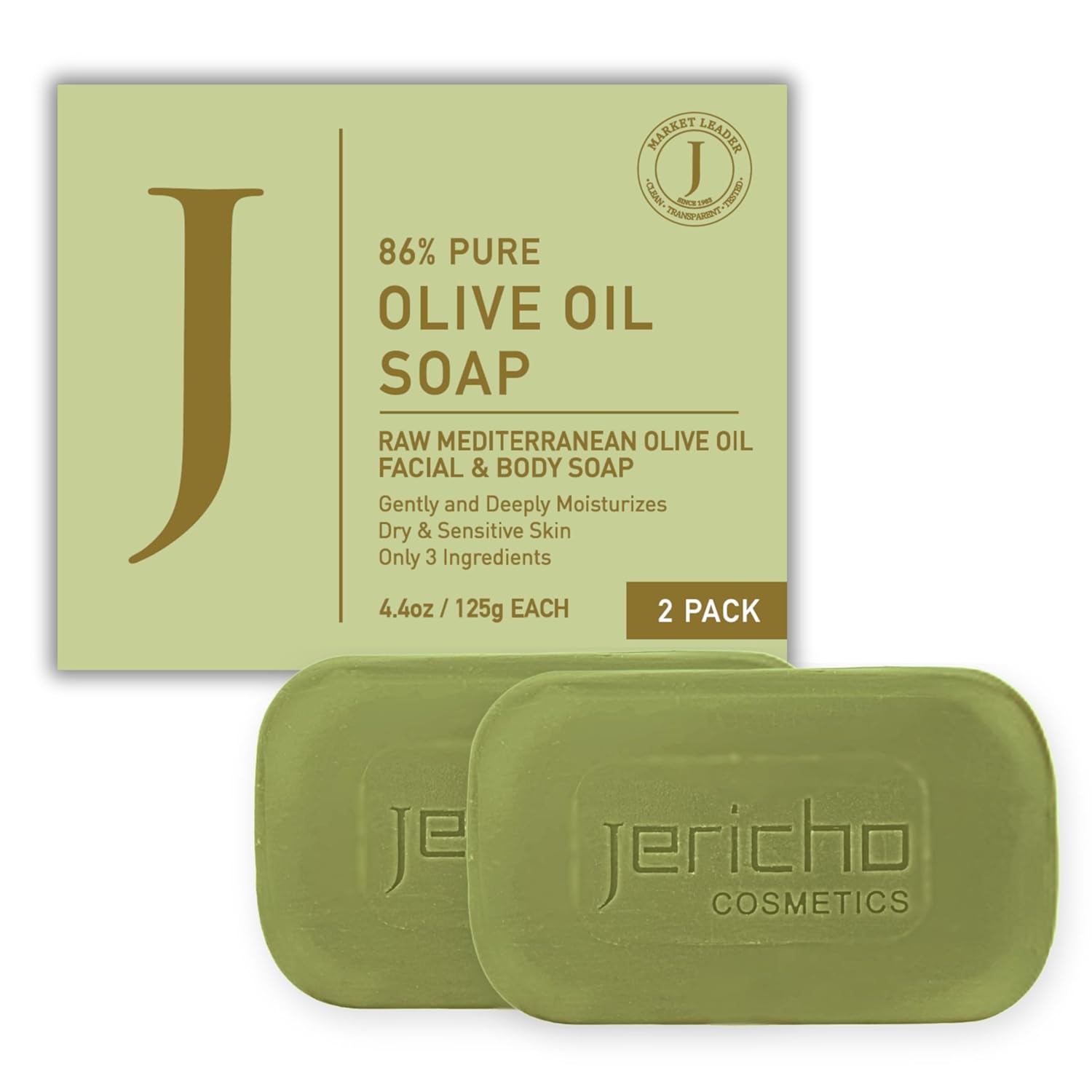 Jericho Olive Oil Soap Bar – 86% Pure Cold Pressed Natural Soap for Sensitive Skin, Face & Body – Fragrance Free, Palm Oil Free, Vegan Cleanser – 2 Bars 4.4 oz Each
