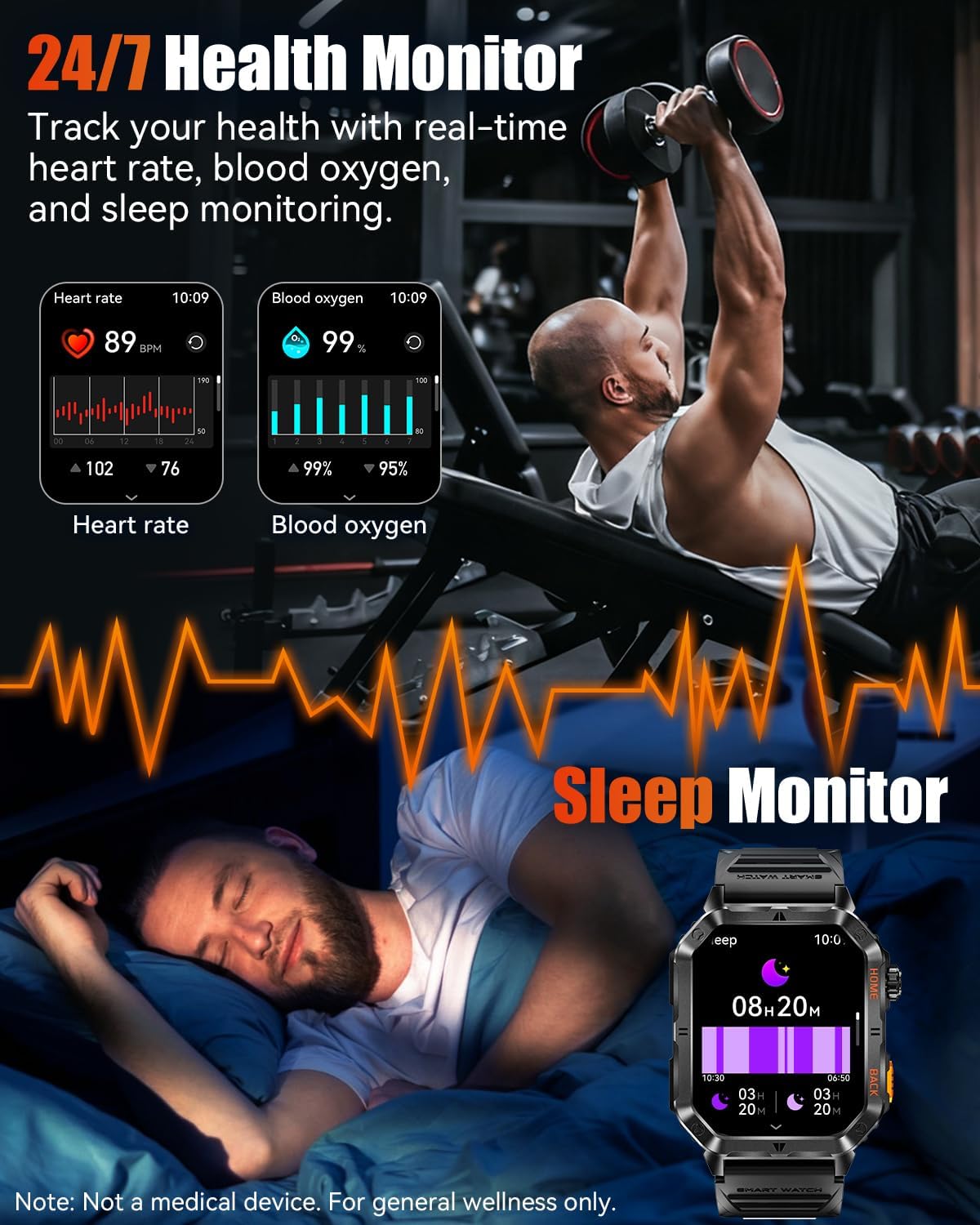 Military Smart Watch for Men, 2.01'' Fitness Tracker with 1200mAh Long Battery Life, Bluetooth Calls, Flashlight, IP68 Waterproof, Heart Rate/Sleep Tracking, 100+ Sports Modes for Android iPhone - Image 3