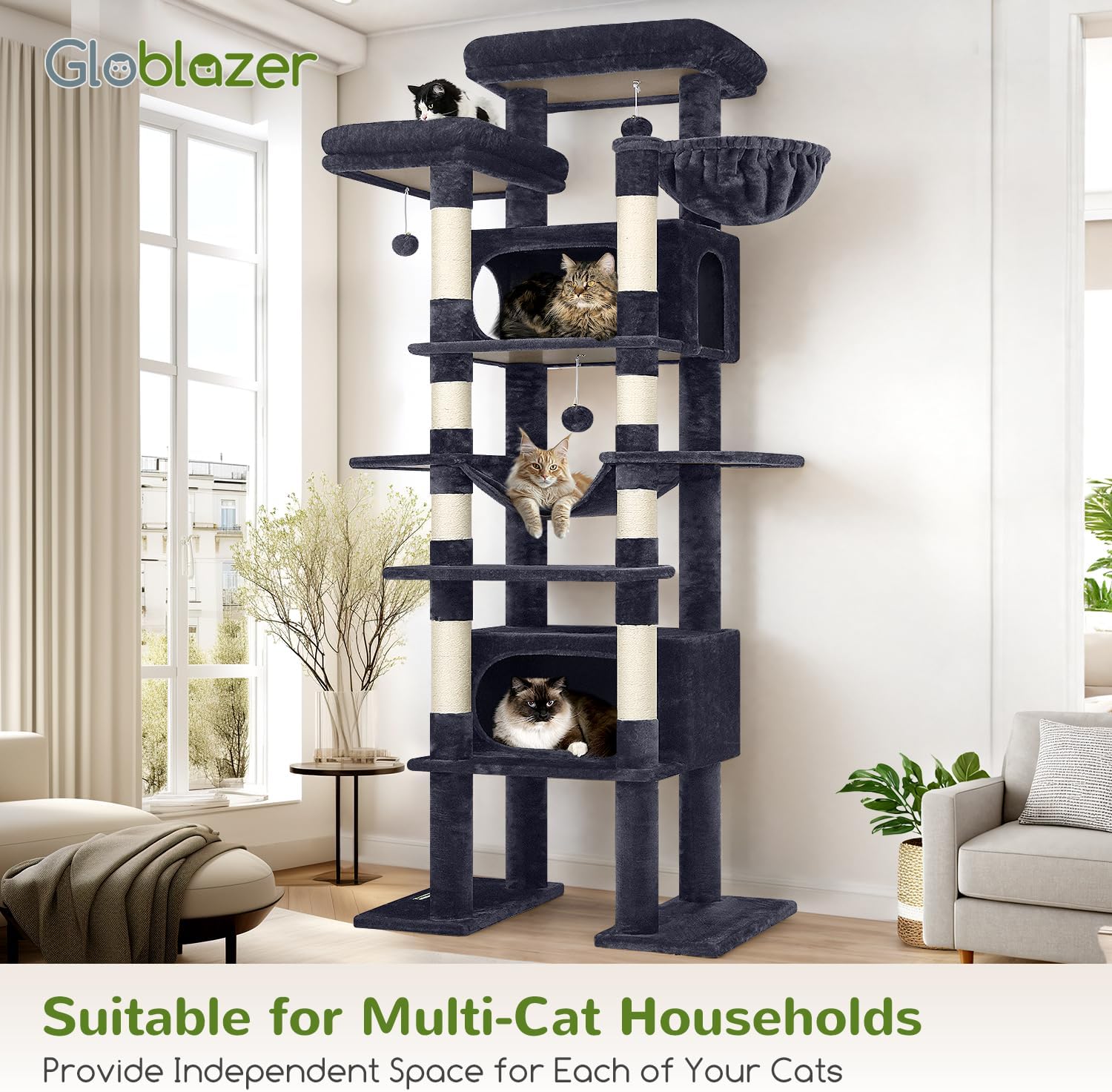 Globlazer XXL Giant Cat Tree, 83 Inch Heavy Duty Tall Cat Tower for Indoor Cats Large Adult, Multi-Level Large Cat Condo with 8 Scratching Posts, Hammock, 2 Cat Caves, 2 Platform, F83B, Dark Grey - Image 5