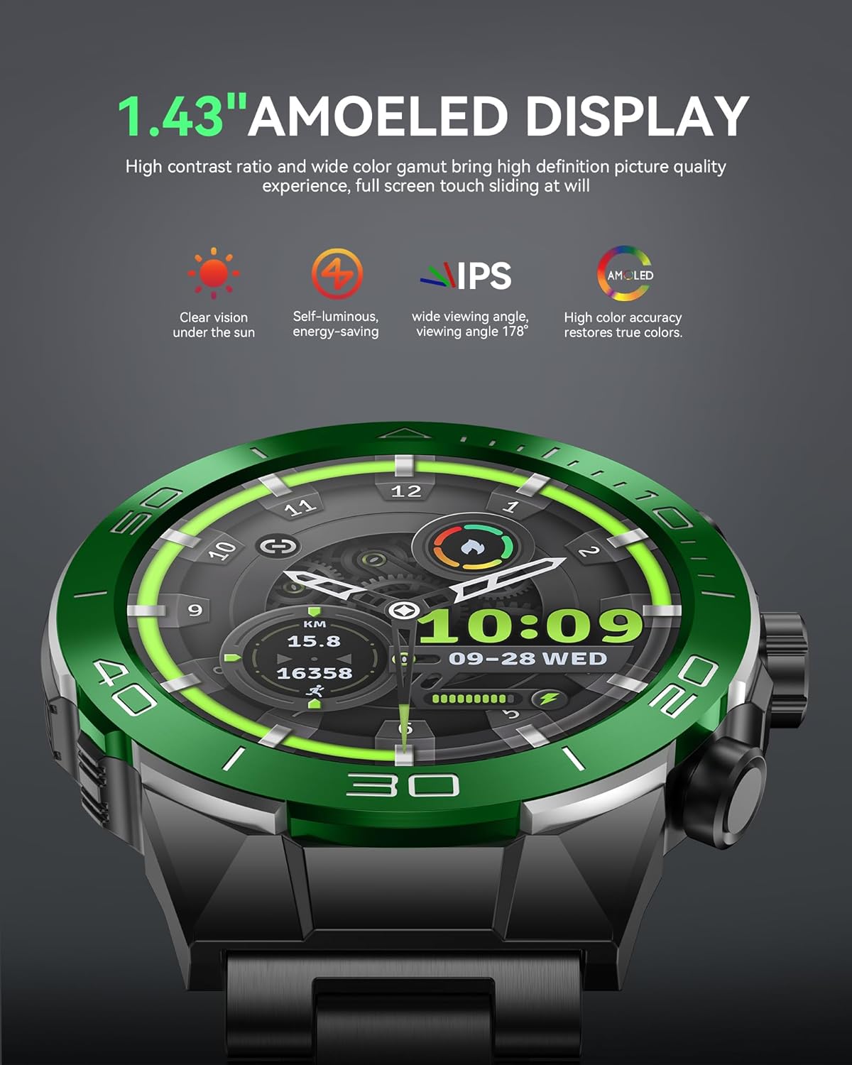 SOUYIE Men's Luxury Smart Watch - 1.43" AMOLED Display Smartwatch with HD Bluetooth Calling, 400mAh 30-Day Battery, 100+ Sports Modes, Health Monitor with Metal/Silicone Straps for Android iPhone - Image 4