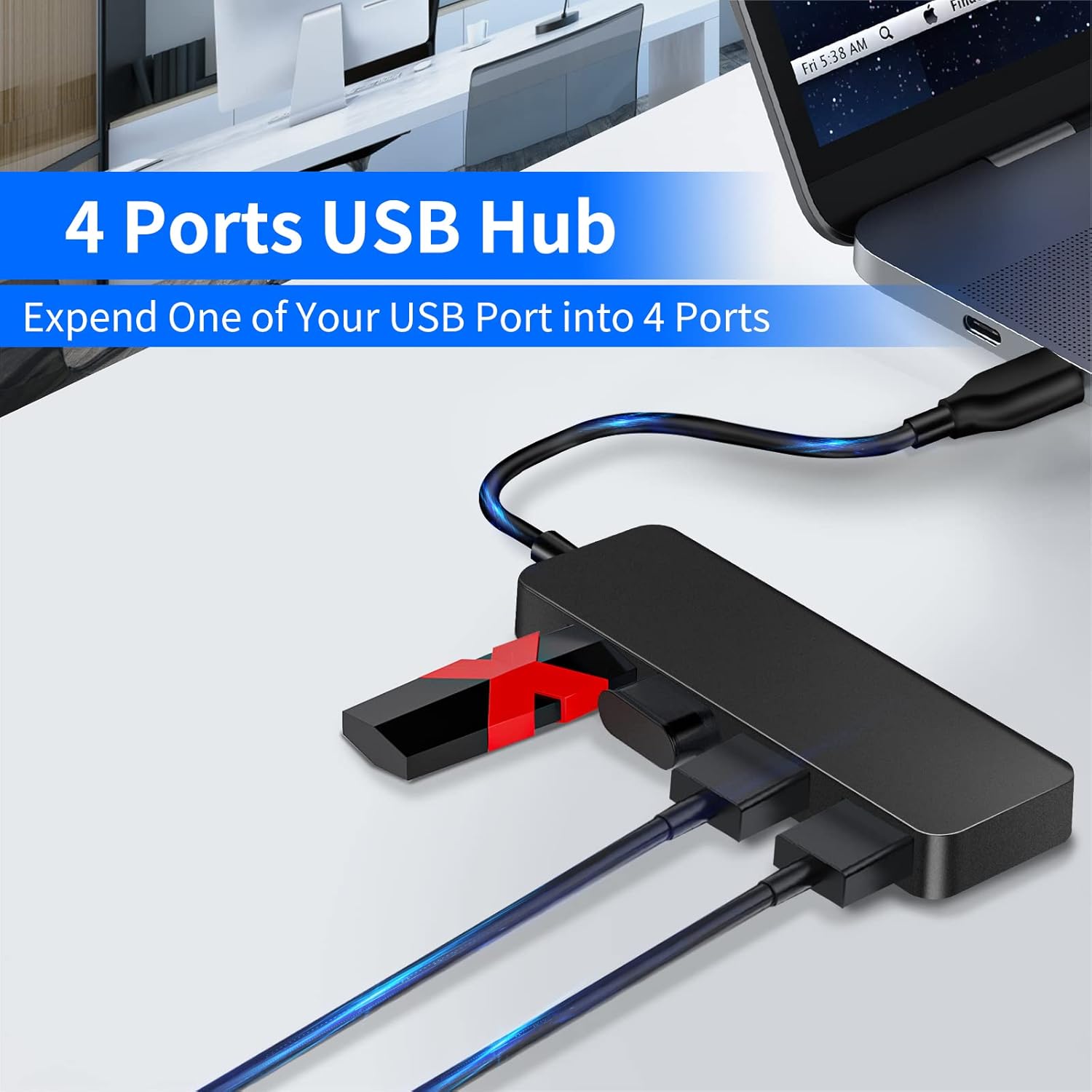 Herfair USB Hub Splitter USB Port Extender 1 to 4 Multiport Adapter Expander for Laptop, MacBook, Computer, Xbox, Console, Flash Drive, HDD, Printer, Camera, Keyboard, Mouse, More - Image 2