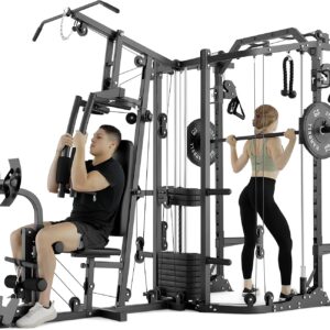 GMWD Dual-Station SmithΔ Machine Power Cage, All-in-One Home Gym Workout Station with 121LB Weight Stacks & Cable Crossover, Professional Functional Trainer for Couples & Family Strength Training