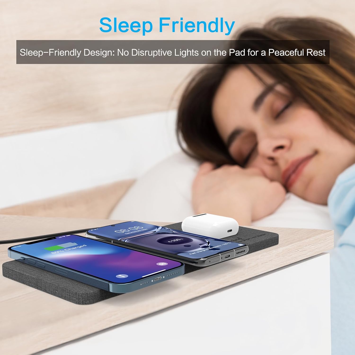 ZealSound Wireless Charging Pad, 3 in 1 Charger Mat for iPhone, Samsung Galaxy, Pixel, AirPods & Galaxy Buds, 24W Adapter Included, Ultra Slim, Case Friendly, PU Leather, Home Office & Travel, Gray - Image 6
