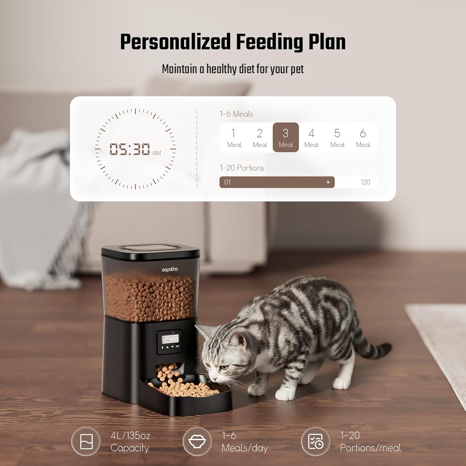 Espelho Automatic Cat Feeder- 4L Timed Cat Food Dispenser 1-6 Meals Control for Cat and Small Dog- Auto Pet Feeder with Desiccant Bag Keep Fresh for Reliable Easy Set Up and Clean- Voice Recorder - Image 2