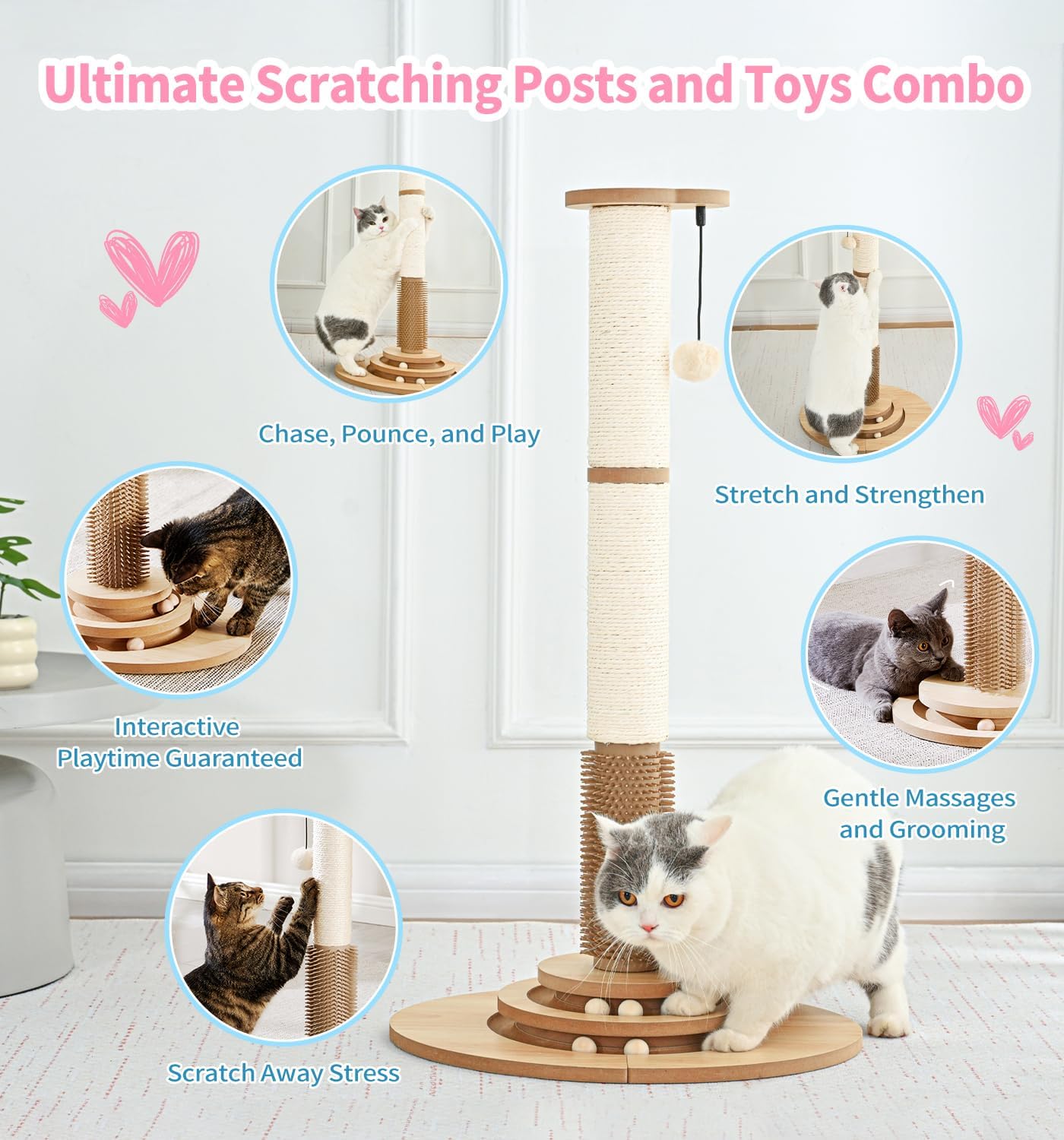 Made4Pets Cat Scratching Post Premium Sisal Cat Scratcher Kitten Toys for Indoor Kittens 33.6" Tall Cat Tower Scratch Post Cat Tree Wooden Interactive Ball Track Cat Toy with Hanging Ball, Beige - Image 2