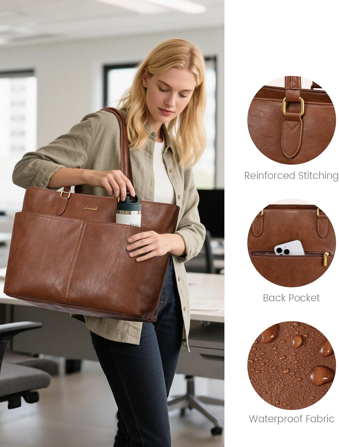 LOVEVOOK 15.6 Inch Laptop Bag for Women, Vintage Leather Work Tote Bags with Large Cup Holder, Teacher Nurse Medical Professional Computer Bag, Office Briefcase Handbag Gift - Image 6