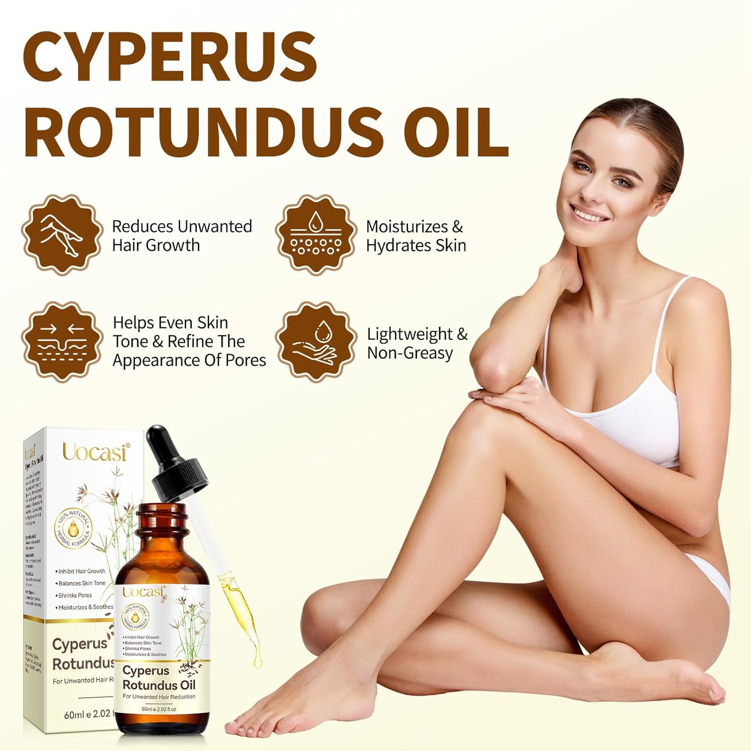Uocasi Cyperus Rotundus Oil, Cypress Rotundus Oil for Hair Removal, Natural Inhibitor to Reduce Unwanted Hair Growth, Soothes Skin & Minimizes Pores, All Skin Types, 2.02 Oz - Image 4