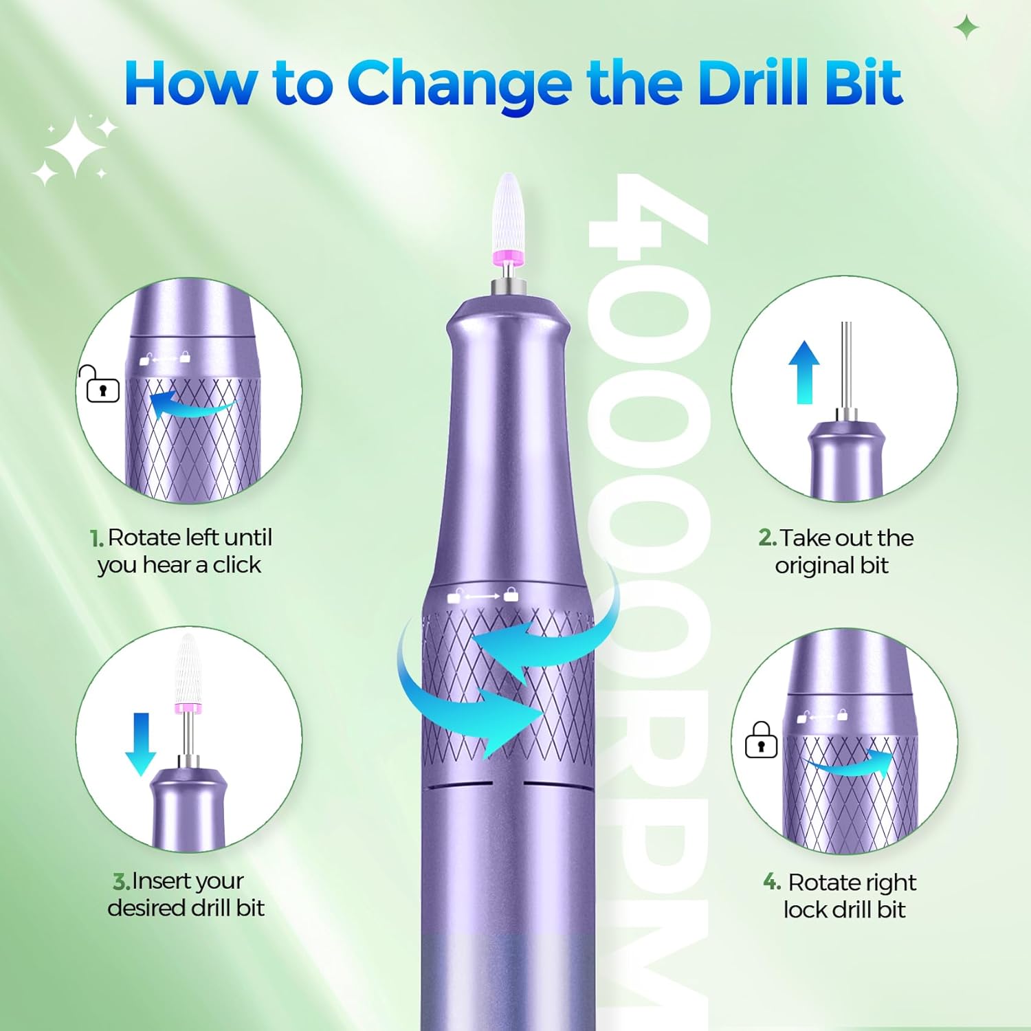 Nail Drill Electric File: DEDNMSCA Sparkly Professional Nail Drill Kit, 40000RPM E-File Machine with 12 Drill Bits for Acrylic Nails Remove Nail Gel Polish Manicure for Salon Home, Diamond - Image 3