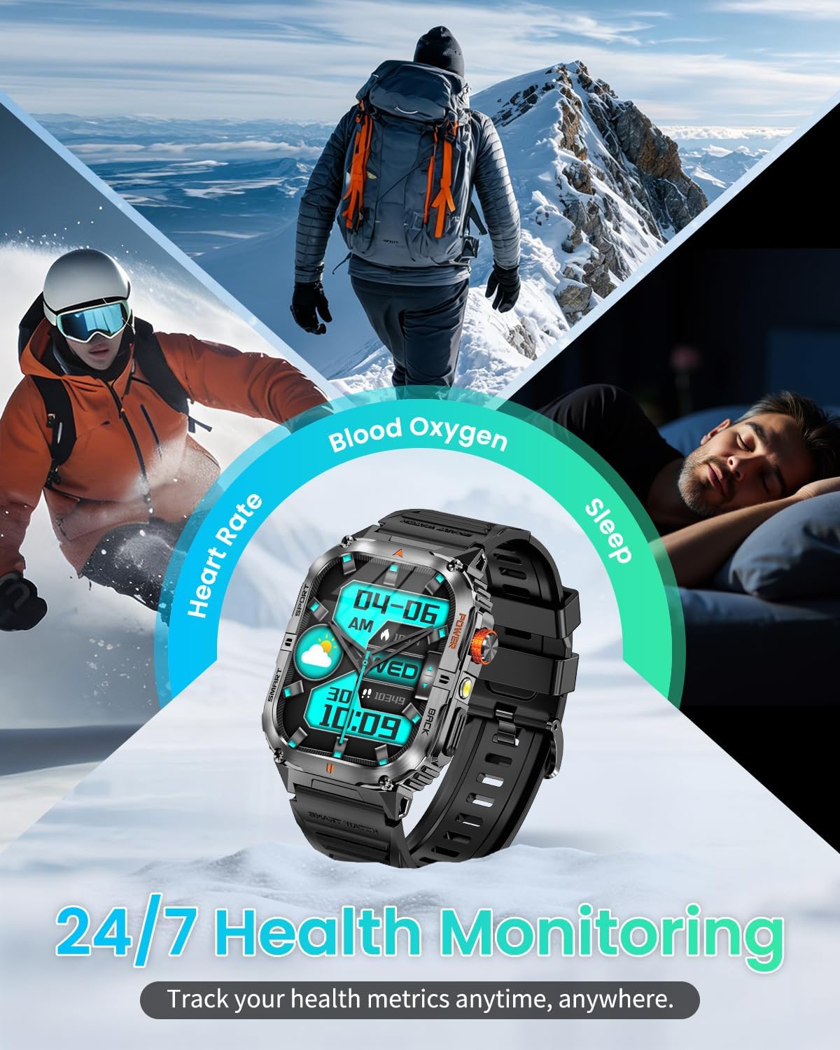 2.0" Large Screen Military Smart Watch for Men, 1200mAh Battery, 100+ Days Battery, Bluetooth Calls, LED Flashlight, IP68 Waterproof, 110+ Sports Modes, Heart Rate/SpO₂/Sleep Monitor for Android & iOS - Image 6
