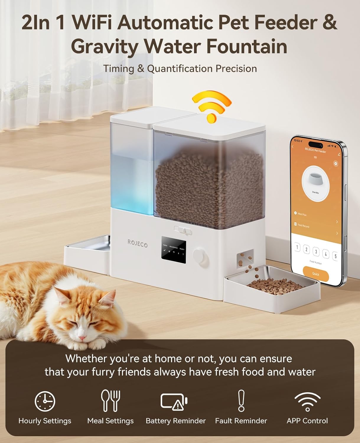 Rojeco 36Cups/8.5L WiFi Automatic Cat Feeder and Gravity Water Dispenser,Stainless Steel Bowls 2-in-1 Large Capacity 5L Food Dispenser with APP and 3.5L Water Fountain for Pets,Dogs,Puppies,Kittens - Image 4