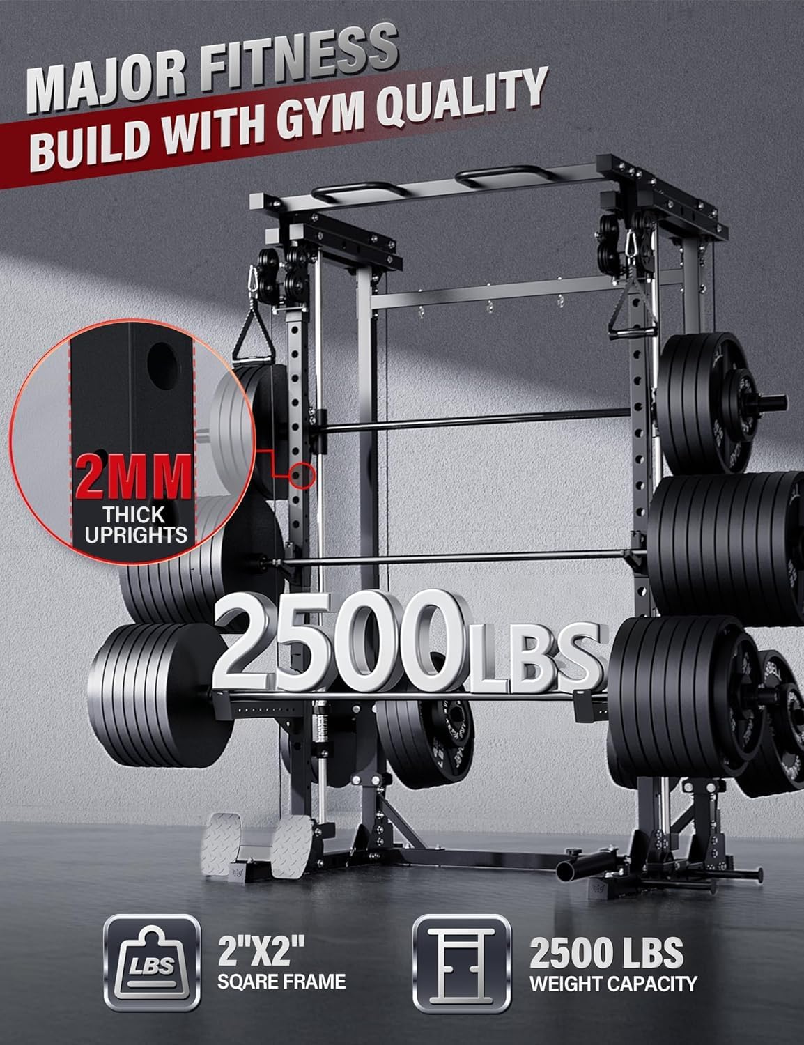 MAJOR FITNESS Drone3 Smith Machine, 2500lbs All-in-One Home Gym Power Rack with Dual Pulley System for Cable Crossover, Pull-Up Bars - Image 2