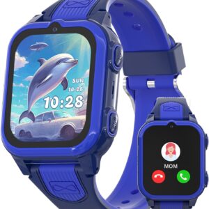 4G Kids Smart Watch with GPS Tracker Video Voice Calling Text Chat SOS Call, Waterproof Smartwatch Age 5-12, Wallpaper Store School Model Camera Pedometer Game Alarm Clock Stopwatch for Kid(Blue)