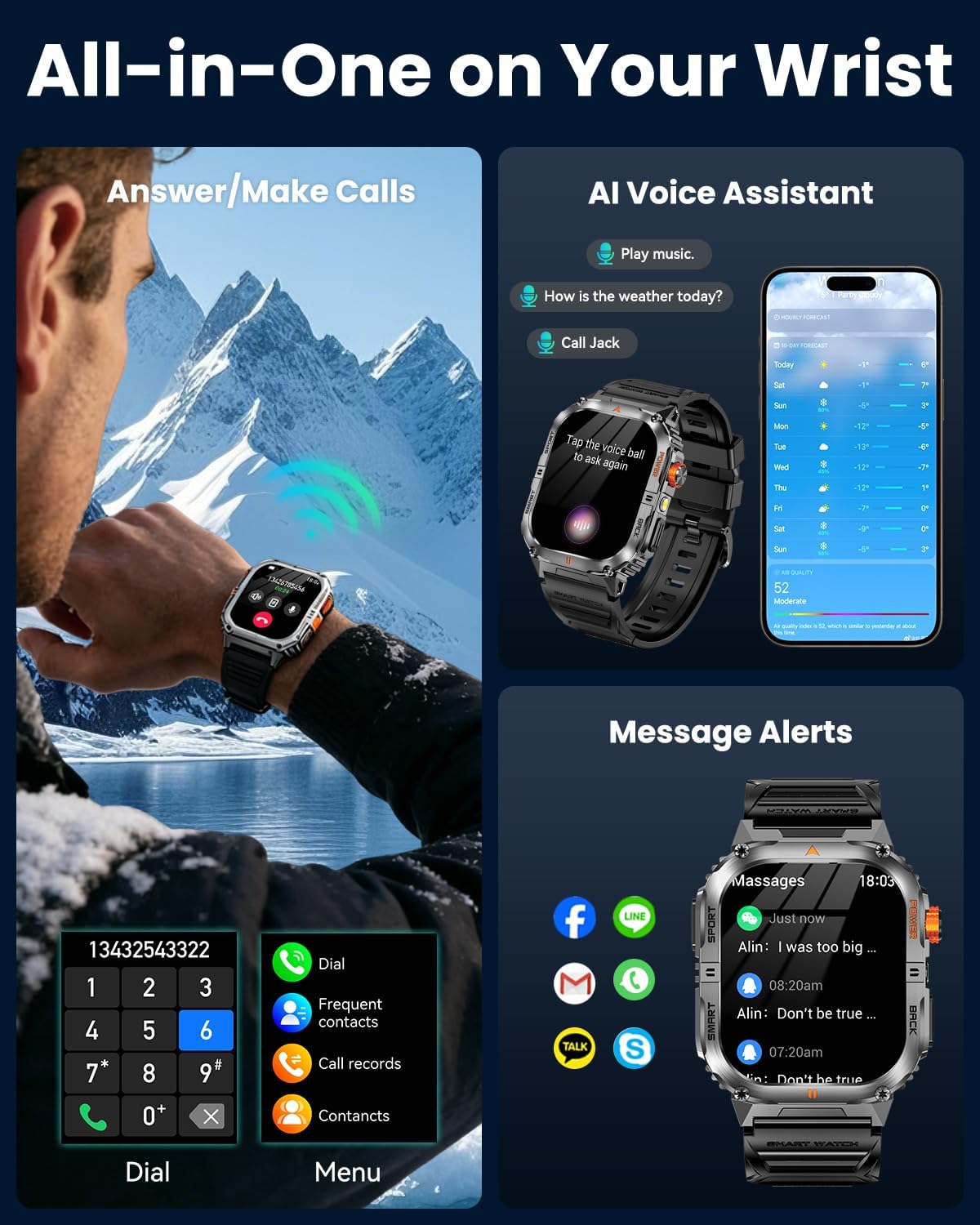 2.0" Large Screen Military Smart Watch for Men, 1200mAh Battery, 100+ Days Battery, Bluetooth Calls, LED Flashlight, IP68 Waterproof, 110+ Sports Modes, Heart Rate/SpO₂/Sleep Monitor for Android & iOS - Image 8