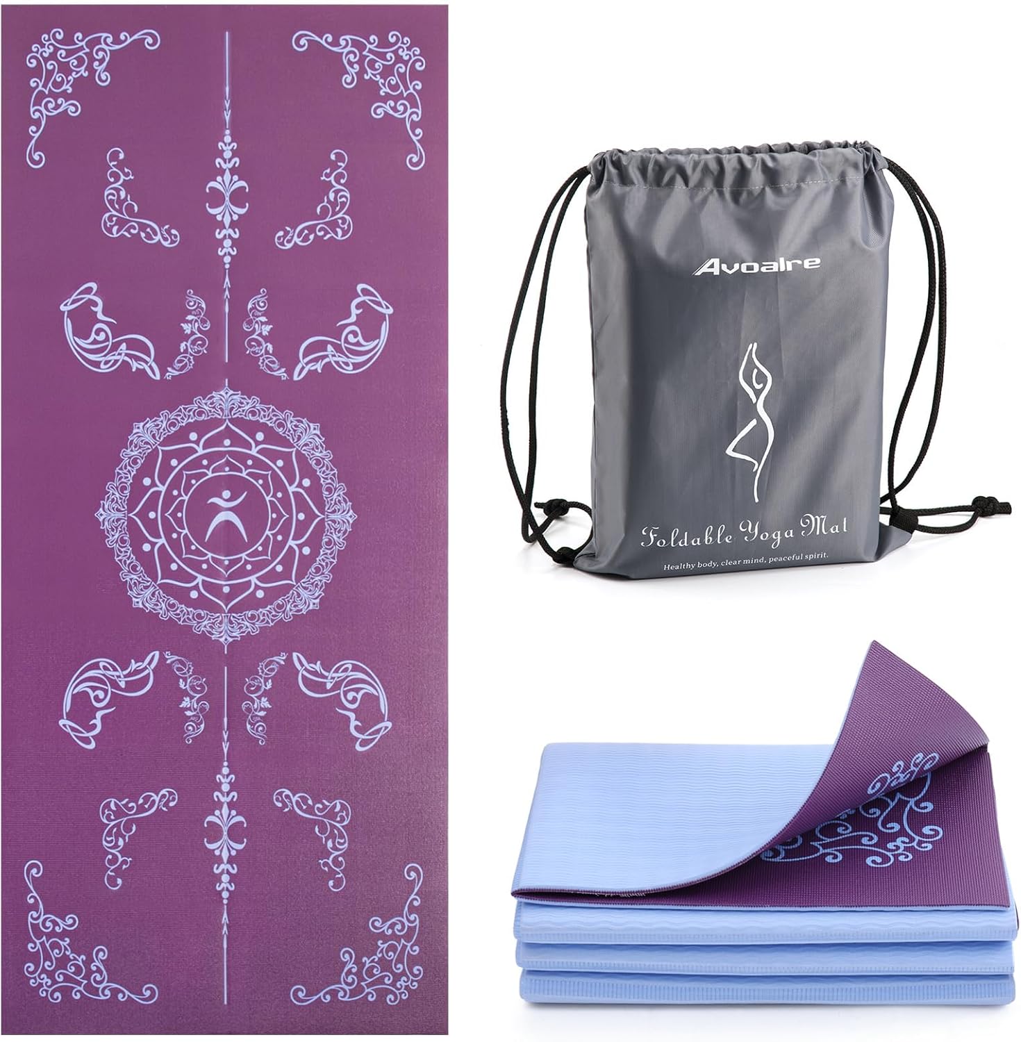 Avoalre Folding Yoga Mat, 72"x 32"x 0.24" Extra Wide Non-Slip Exercise Fitness Yoga Mats, Eco-Friendly High Density 6mm Thick Print Pilates Mat with Carrying Bag for Women Men Home Workout