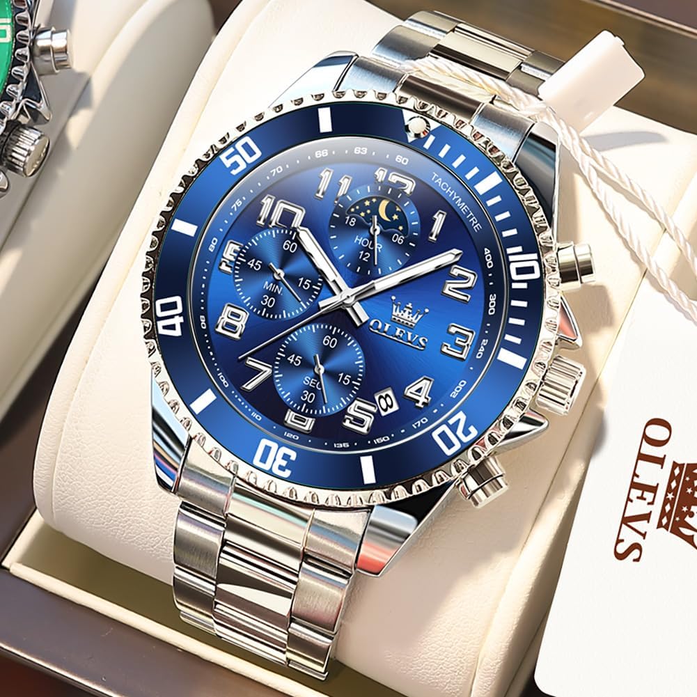 OLEVS Watches for Men Stainless Steel Dress Men Watch with Date Big Face Chronograph Waterproof Luxury Fashion Watch Blue/Black/Gold/Green/Silver Face Relojes para Hombres - Image 4