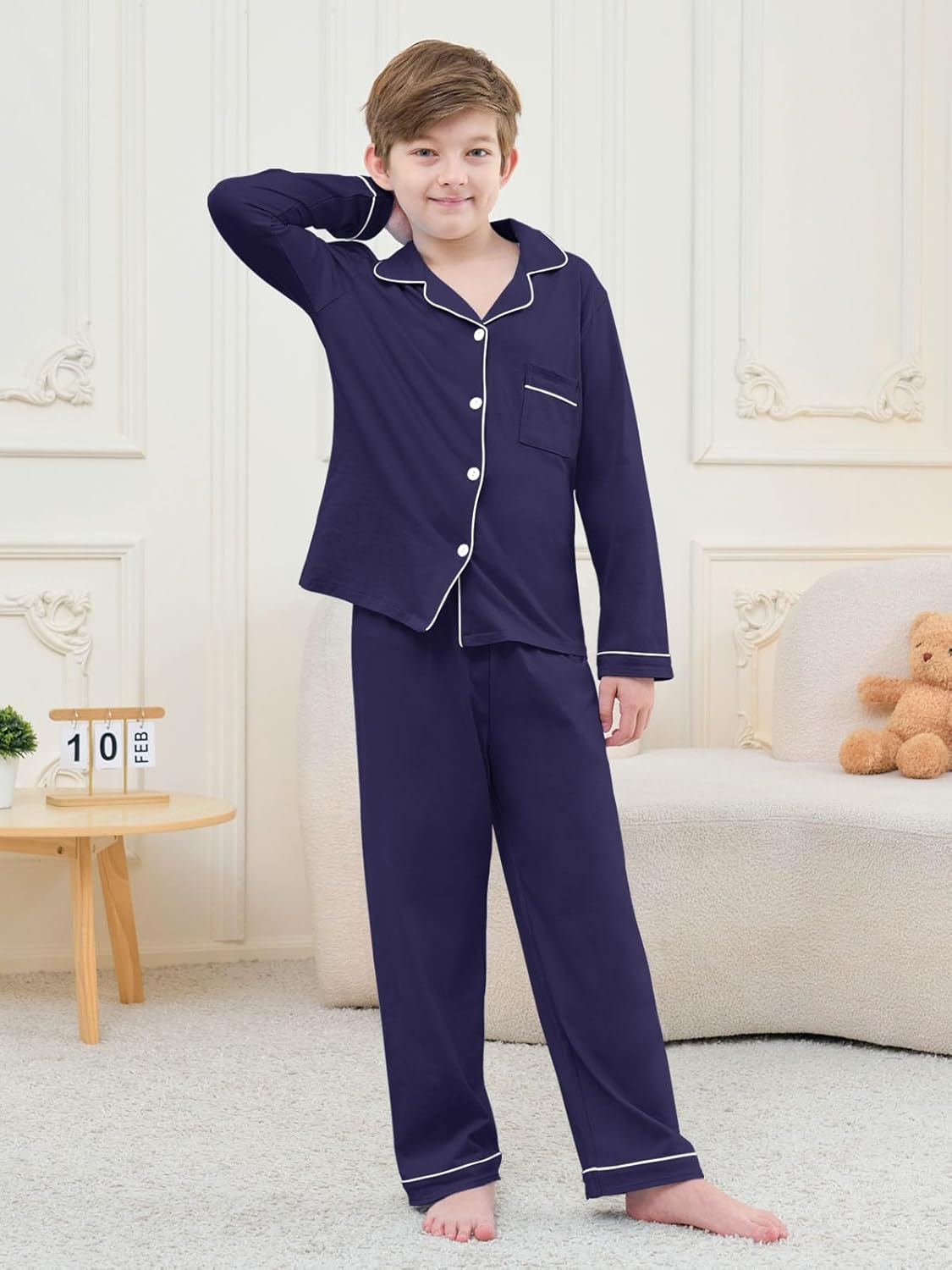 QZH.DUAO Boys Pajamas Set Kids Soft Long Sleeve Top and Pants Sleepwear 2 Pcs Button-Up Comfy Pjs Set for Ages 4-14 - Image 4