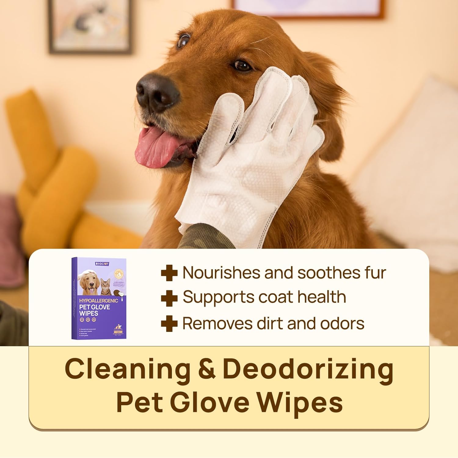 HICC PET Cleaning Deodorizing Glove Wipes for Dogs & Cats, Vet Recommended Hypoallergenic Hydrating & Nourish Fur Pet Grooming Glove Wipes, Pet Bathing Wipes for Horse Coat Care,6pcs Coconut Scent - Image 2