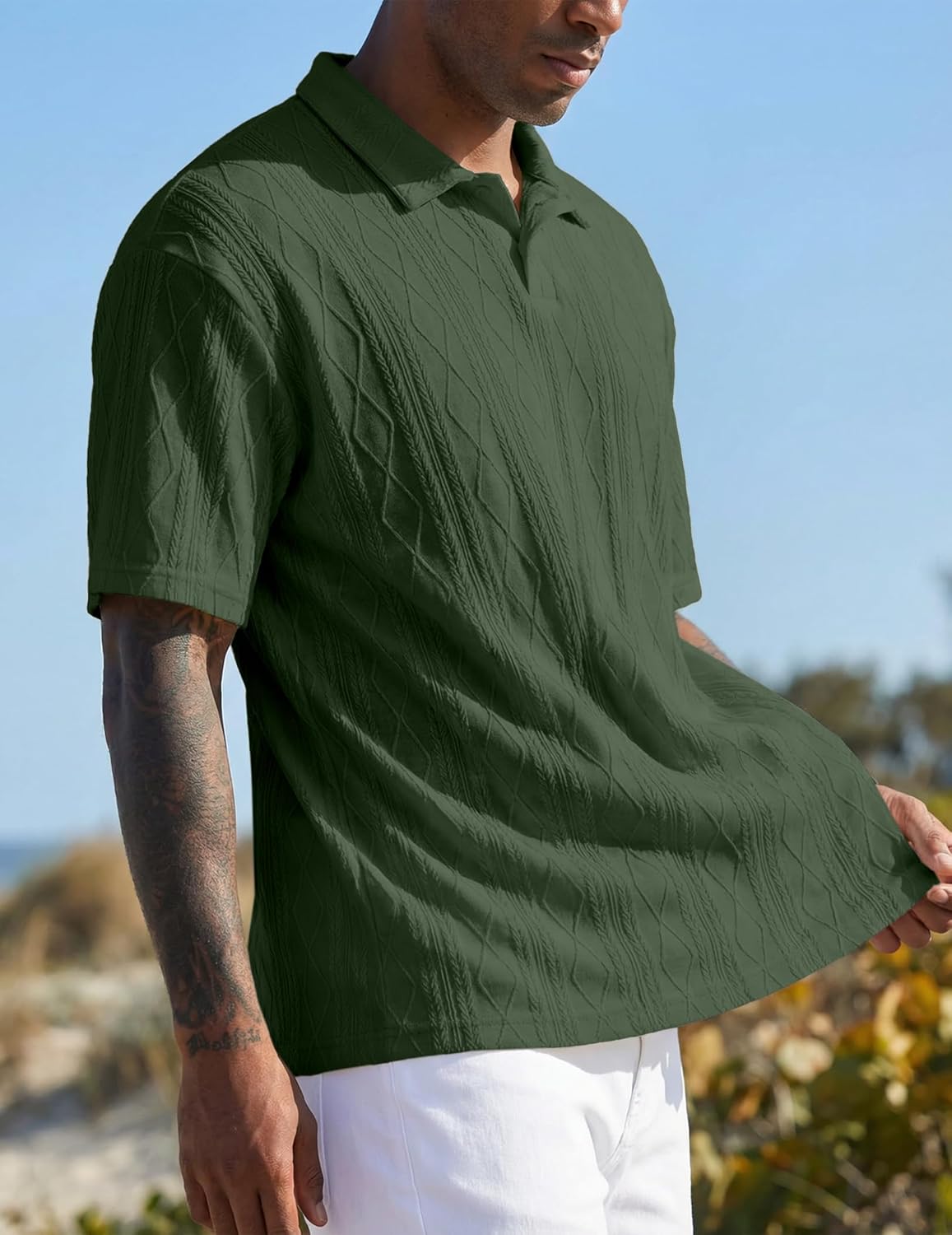 JMIERR Mens Polo Shirt Textured Knit Button Casual Short Sleeve Summer Vacation Beach Stretchy Golf Shirts - Image 3