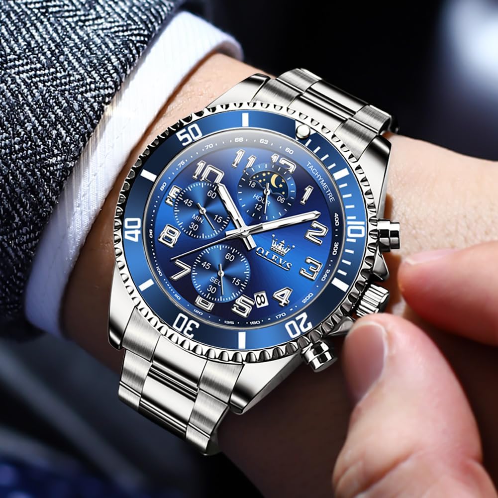 OLEVS Watches for Men Stainless Steel Dress Men Watch with Date Big Face Chronograph Waterproof Luxury Fashion Watch Blue/Black/Gold/Green/Silver Face Relojes para Hombres - Image 2