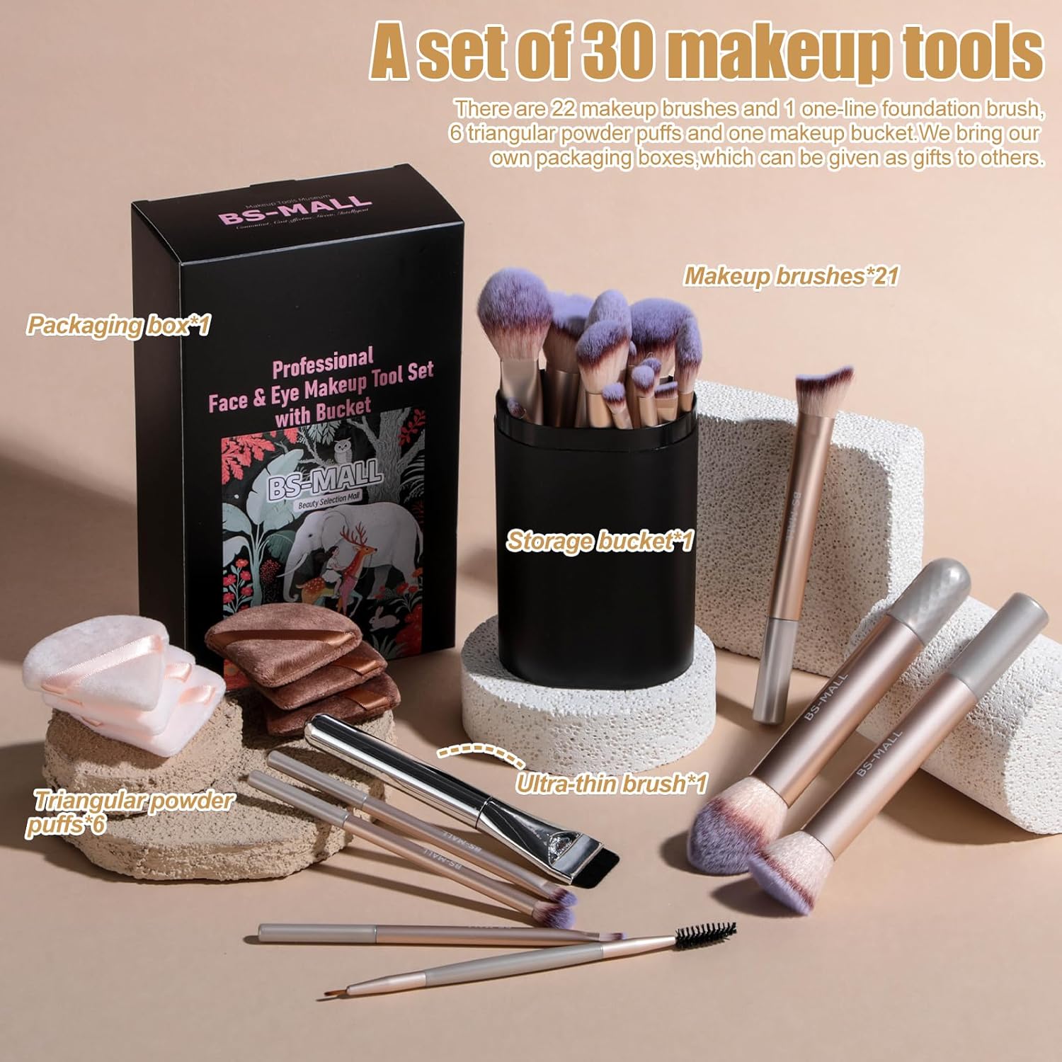 BS-MALL 21 Pcs Professional makeup brush set with foundation brush for liquid Makeup, eyeshadow Brush, concealer brush - Includes 6 Triangle Puffs & case for Even, Multi-purpose application (Golden) - Image 2