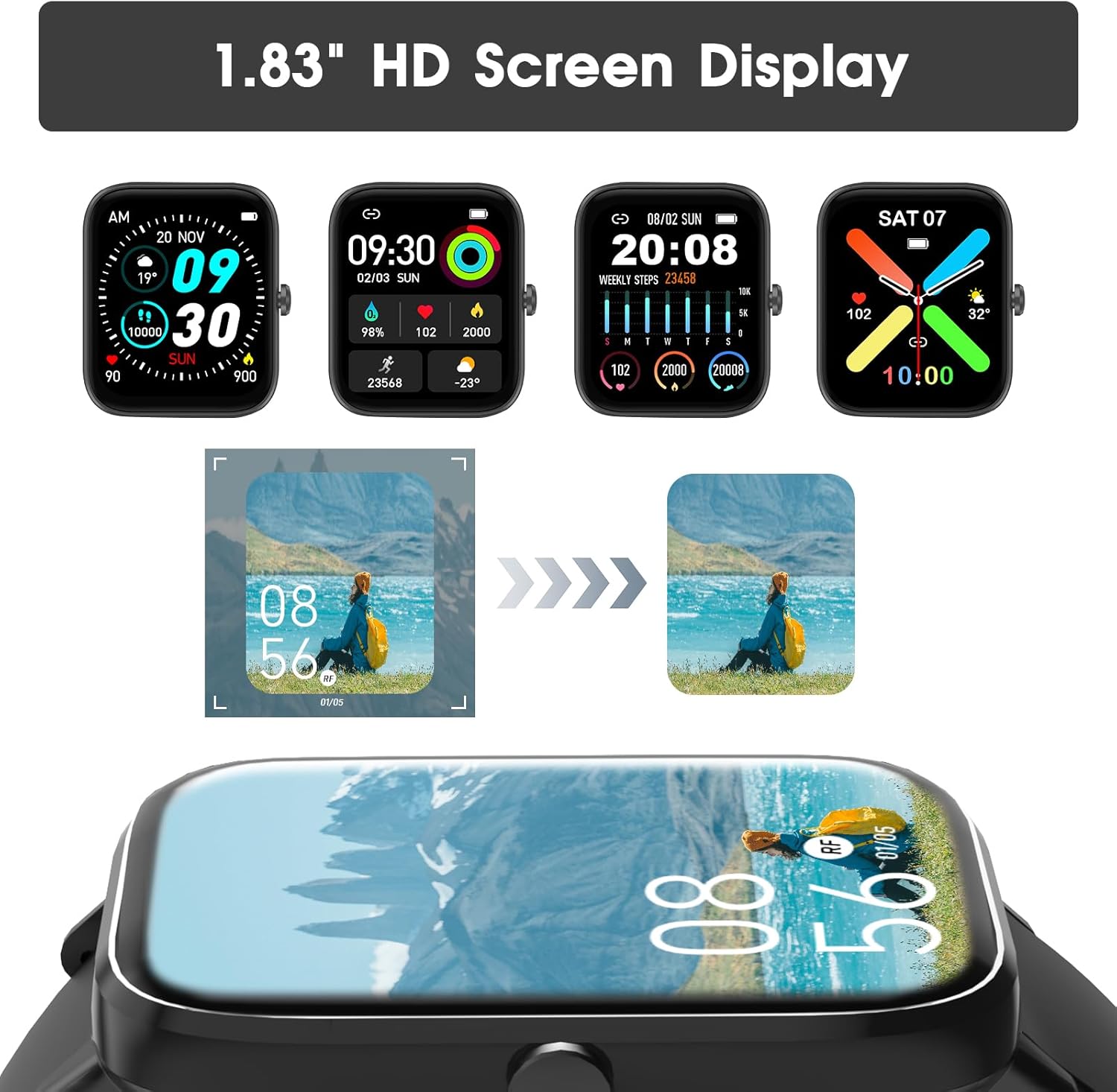 Smart Watch (Answer/Make Call): 1.85" Waterproof Fitness Trackers with 24-Hours Blood Pressure Heart Rate SpO2 Sleep Monitor Watches for Men Women, iPhone Android Compatible (Stone Black) - Image 4
