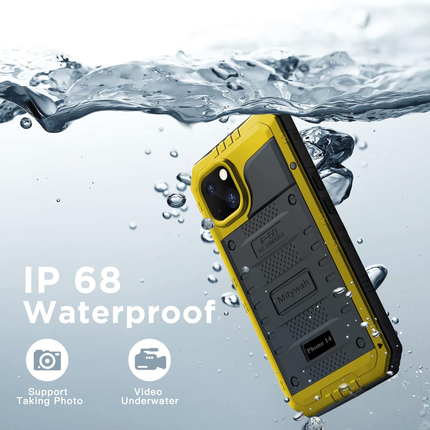 Mitywah Waterproof Case for iPhone 14, Heavy Duty Shockproof Case with Built-in Screen Protector, Full Body Underwater Protective Metal Case 6.1 inch, Yellow - Image 5