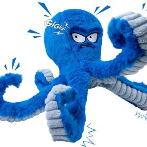 LEGEND SANDY Tough Dog Toys, Stuffed Chew Large Dog Toys to Keep Them Busy, Interactive Squeaky Tug of War Doggie Toy, Crinkle Blue Octopus