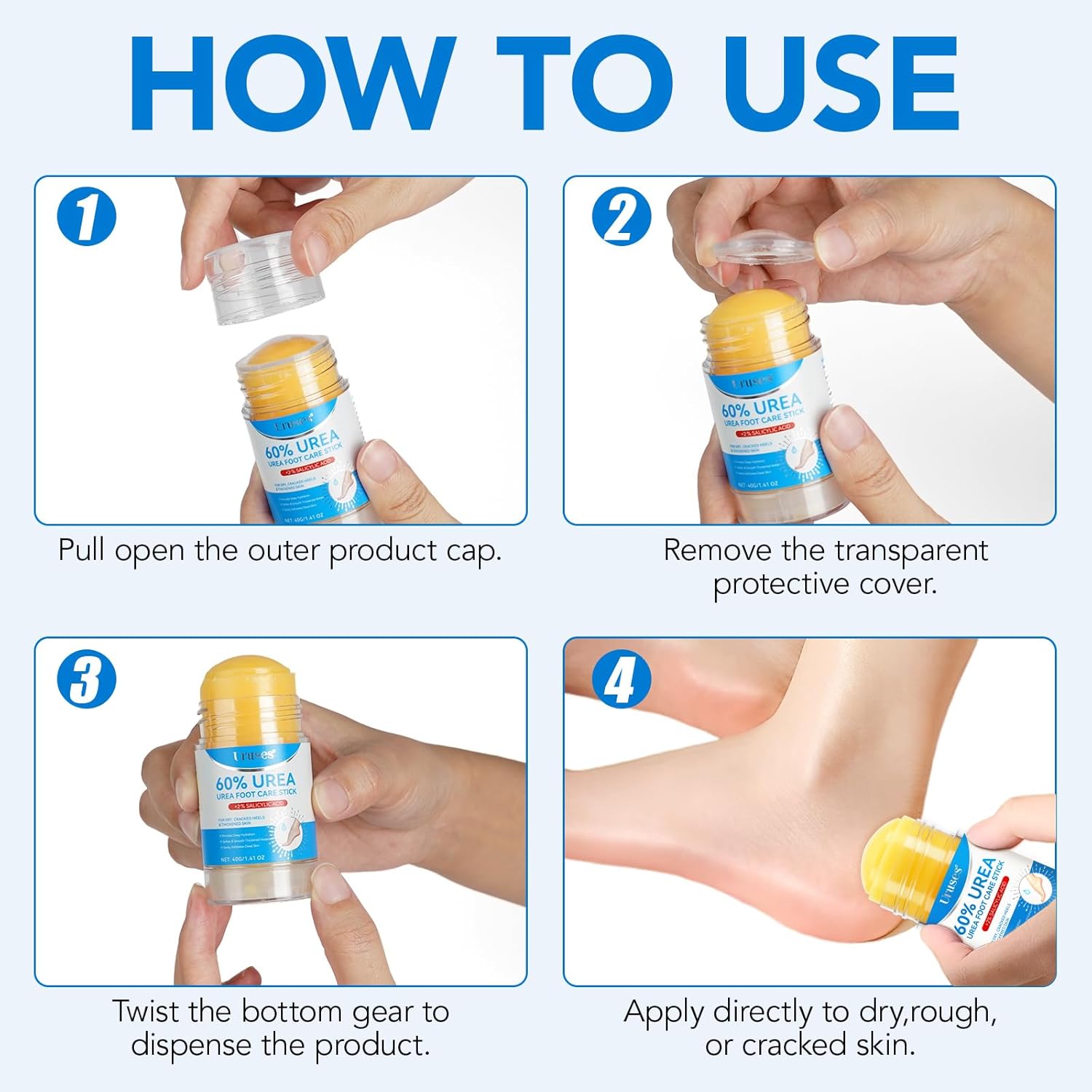 Uruses 3Pack Urea Cream 60% plus Salicylic Acid 2% Urea Foot Care Stick,Foot Cream for Foot Callus Remover, Feet Moisturizer Stick for Dry Cracked Heels, Hands, Knees,Hydrating Heel Balm, Easy To Use - Image 7