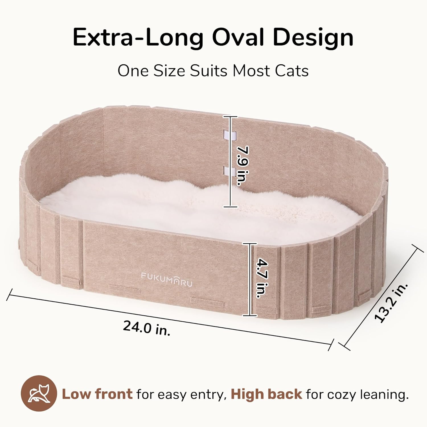 FUKUMARU Cat Beds for Indoor Cats, 24 Inch Large Cat Couch Bed with Cozy Faux Rabbit Fur Cushion, Felt Cats House Sofa in Oval Shape, Camel - Image 4
