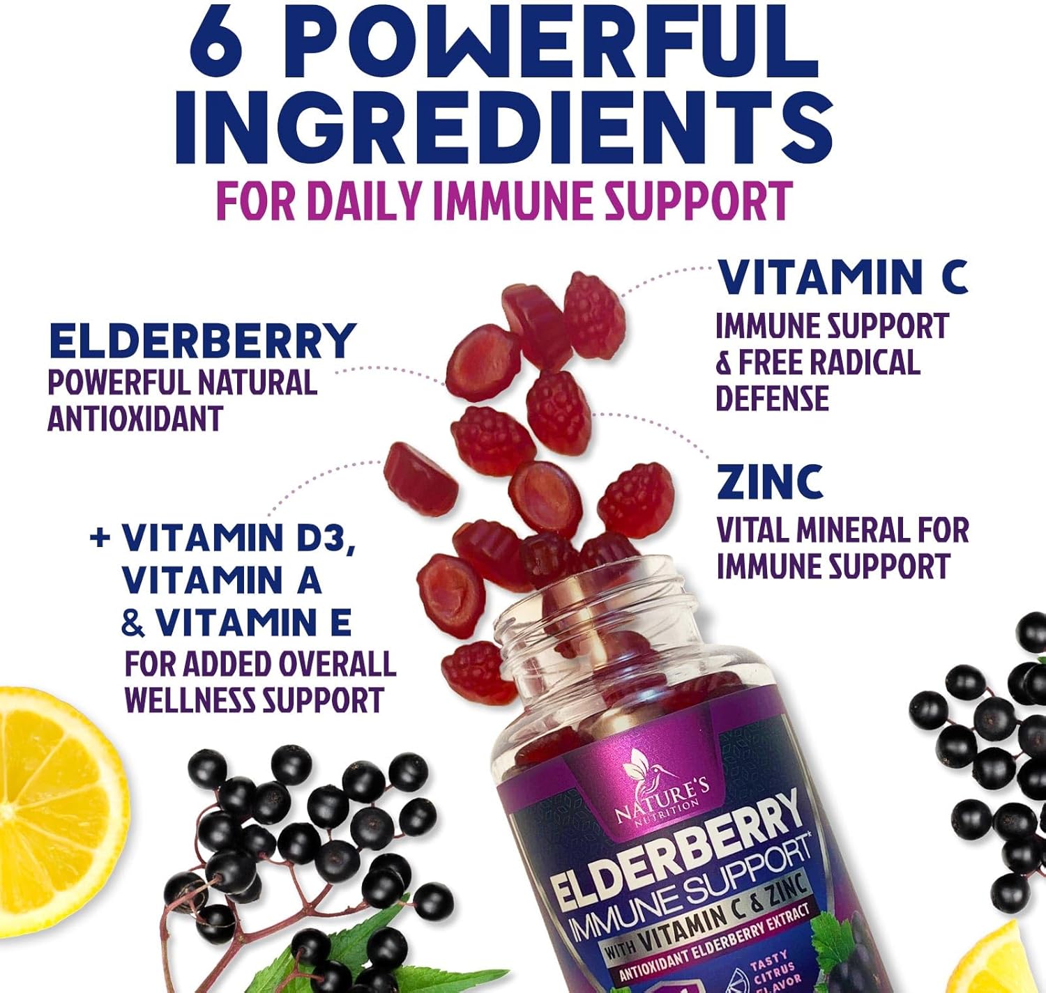 Elderberry Immune Support Gummies - 3X Strength Sambucus Elderberry Gummy with Vitamin C, D3 & Zinc - Nature’s Black Elderberry Extract - Immune Support Supplement for Adults & Kids - 60 Gummies - Image 3