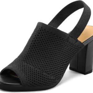 mysoft Women’s Knit Chunky Block High Heels Elastic Slingback Open Toe 3 Inch Heeled Sandals
