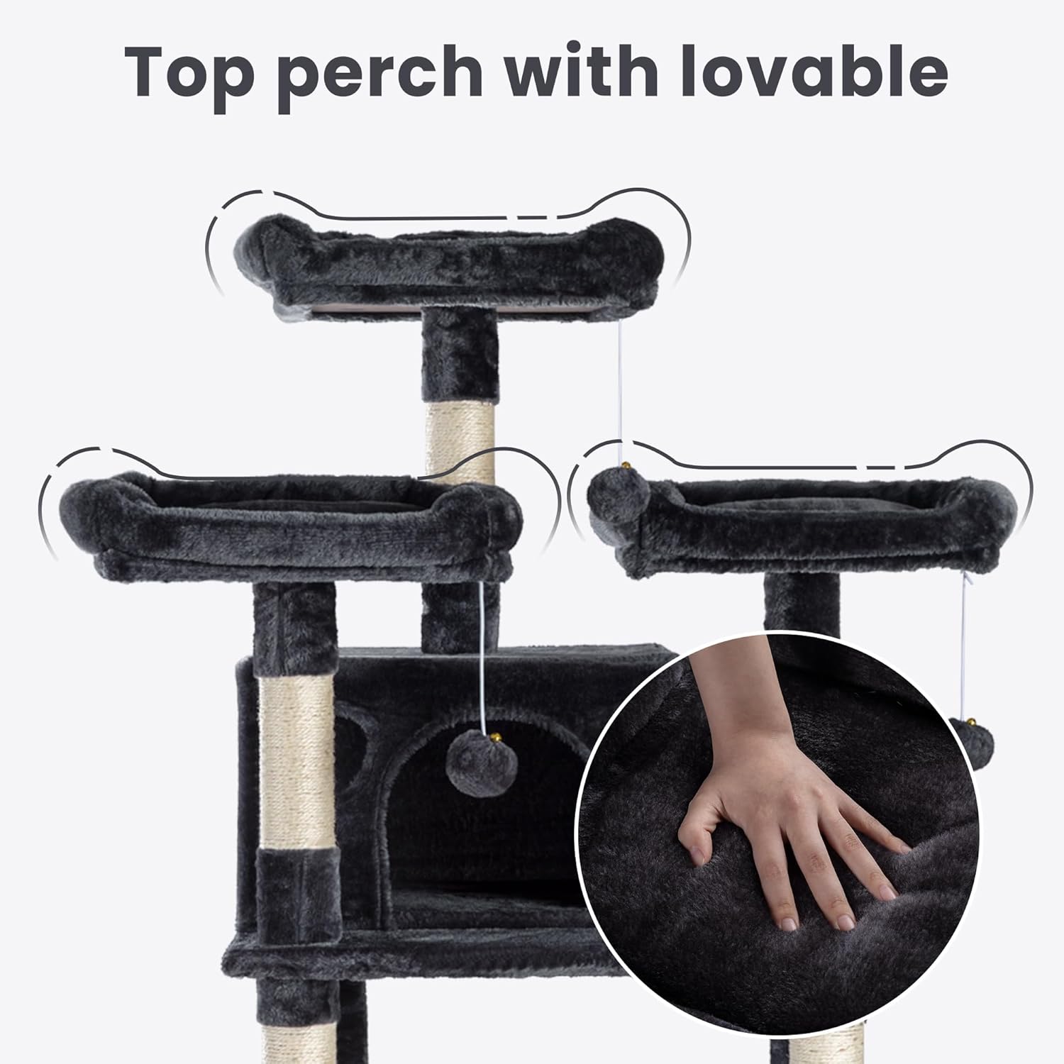 SHA CERLIN 68 Inches Multi-Level Large Cat Tree for Large Kitties/Big Cat Tower with Condo/Cozy Plush Pussycat Perches/Sisal Scratching Posts and Hammocks/Activity Center/Dark Grey - Image 4