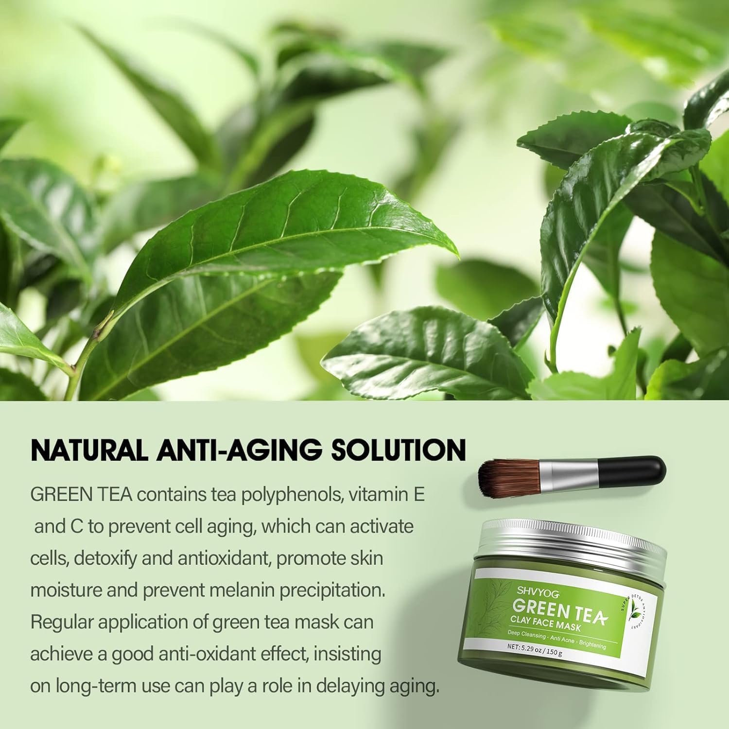 SHVYOG Green Tea Face Mask, Antioxidant Green Tea Clay Mask with Volcanic Mud, Deep Cleansing & Moisturizing & Hydrating Clay Facial Mask for Pores, Blackheads, Wrinkles, Dirts - Image 5