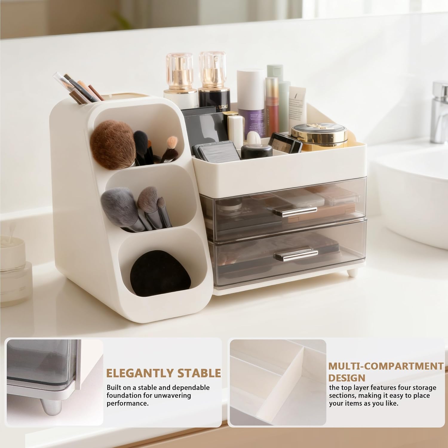 Homeanda Makeup Organizer with Drawers – Large Cosmetic Storage Box for Vanity, Bathroom, or Bedroom, Perfect for Skincare, Brushes, Lipstick, Eyeshadow,and Beauty Essentials (White) - Image 6